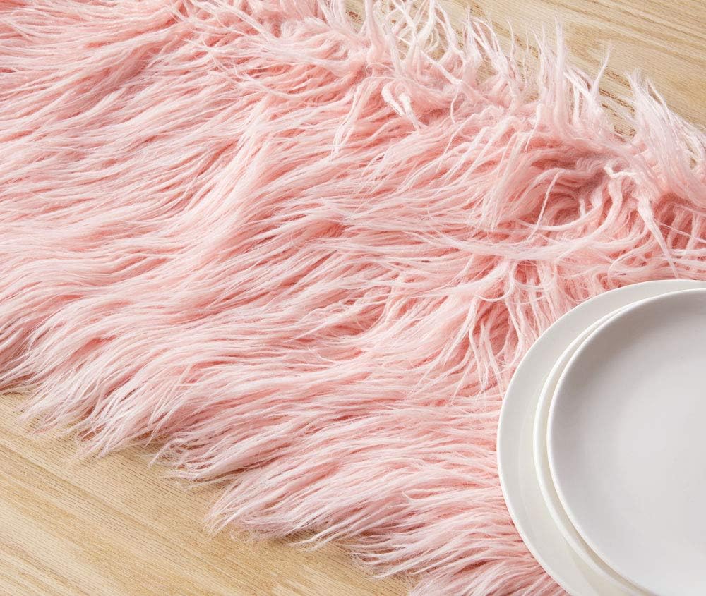 Faux Fur Table Runner Decorative Mongolian Fur Table Flag Modern Dining Fabric Bohemian Plush Table Bunting for Coffee Table Living Room Home Decor-12x88 inch