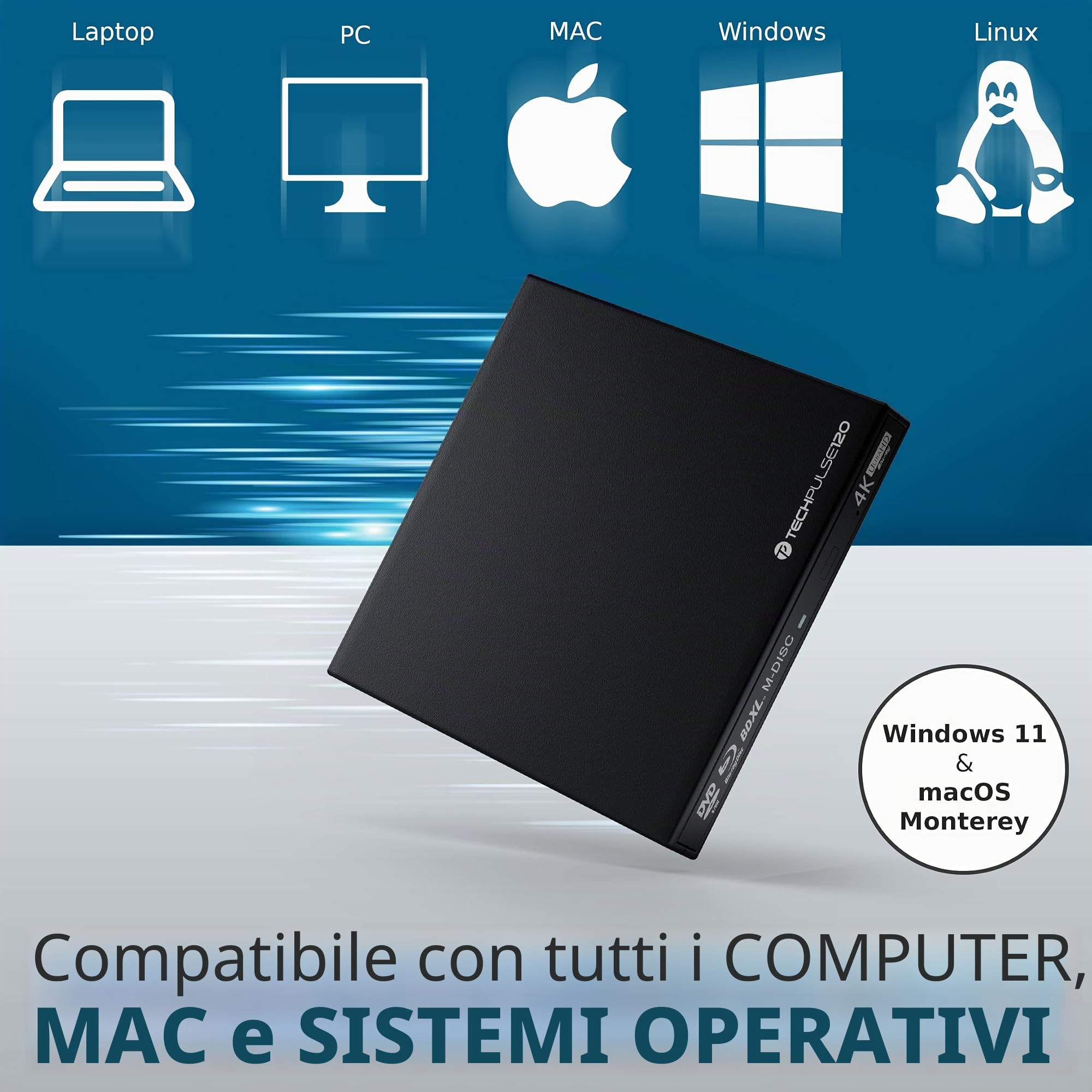 techPulse120 UHD 4k 3D M-Disc BDXL lettore USB 3.0 Blu-ray Burner Superdrive esterno UltraSlim UltraHD Drive BD DVD CD Ultra per Computer Notebook Ultrabook Windows Mac OS Apple iMAC