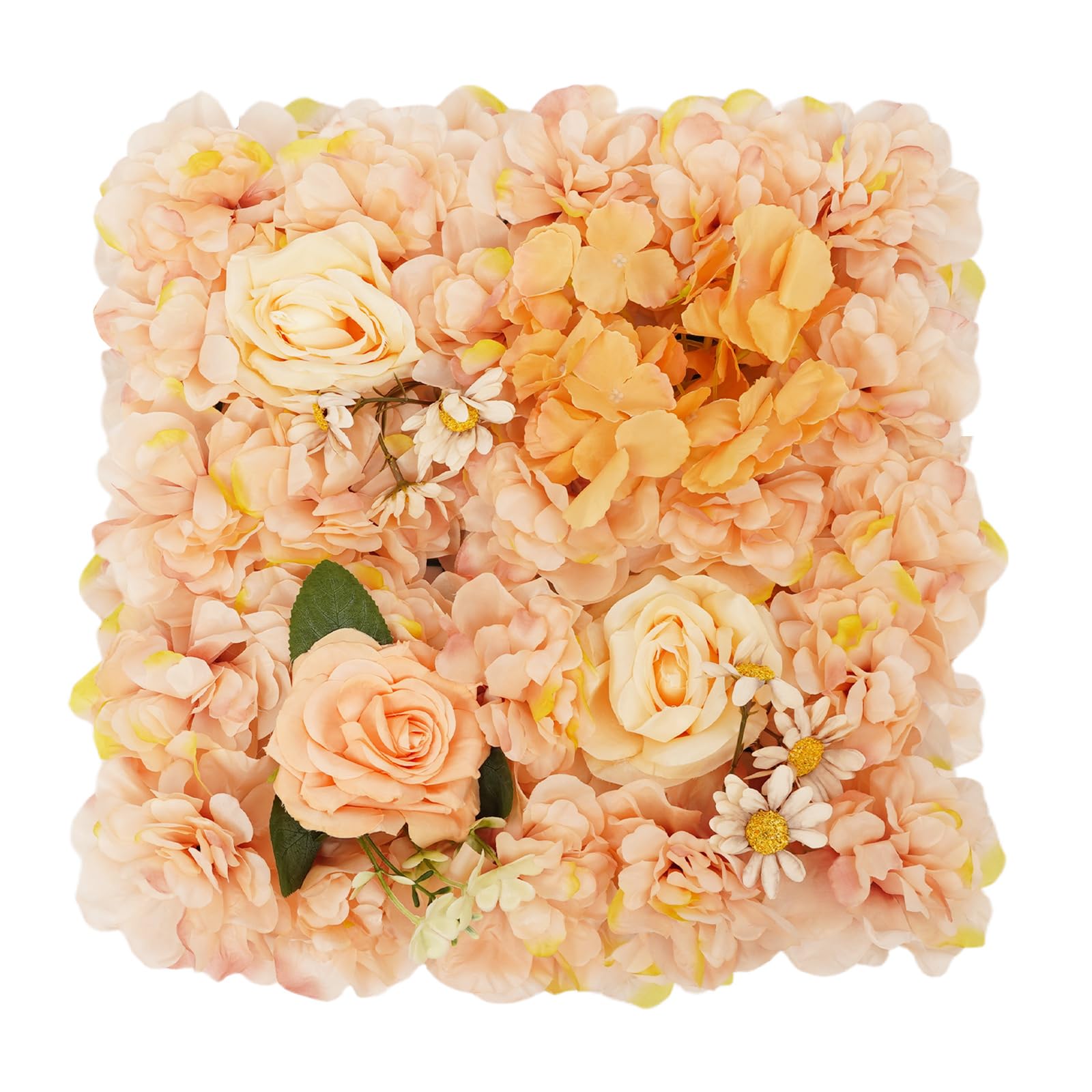 Künstliche Blumenwand 12 Stück 38x38 cm, Rosenpaneel für Hochzeit Deko | 5 Blumenarten (Rose, Hortensie, Sonnenblume) mit 100 Kabelbindern. Handgefertigt, wasserfest, UV-beständig. Innen & außen.