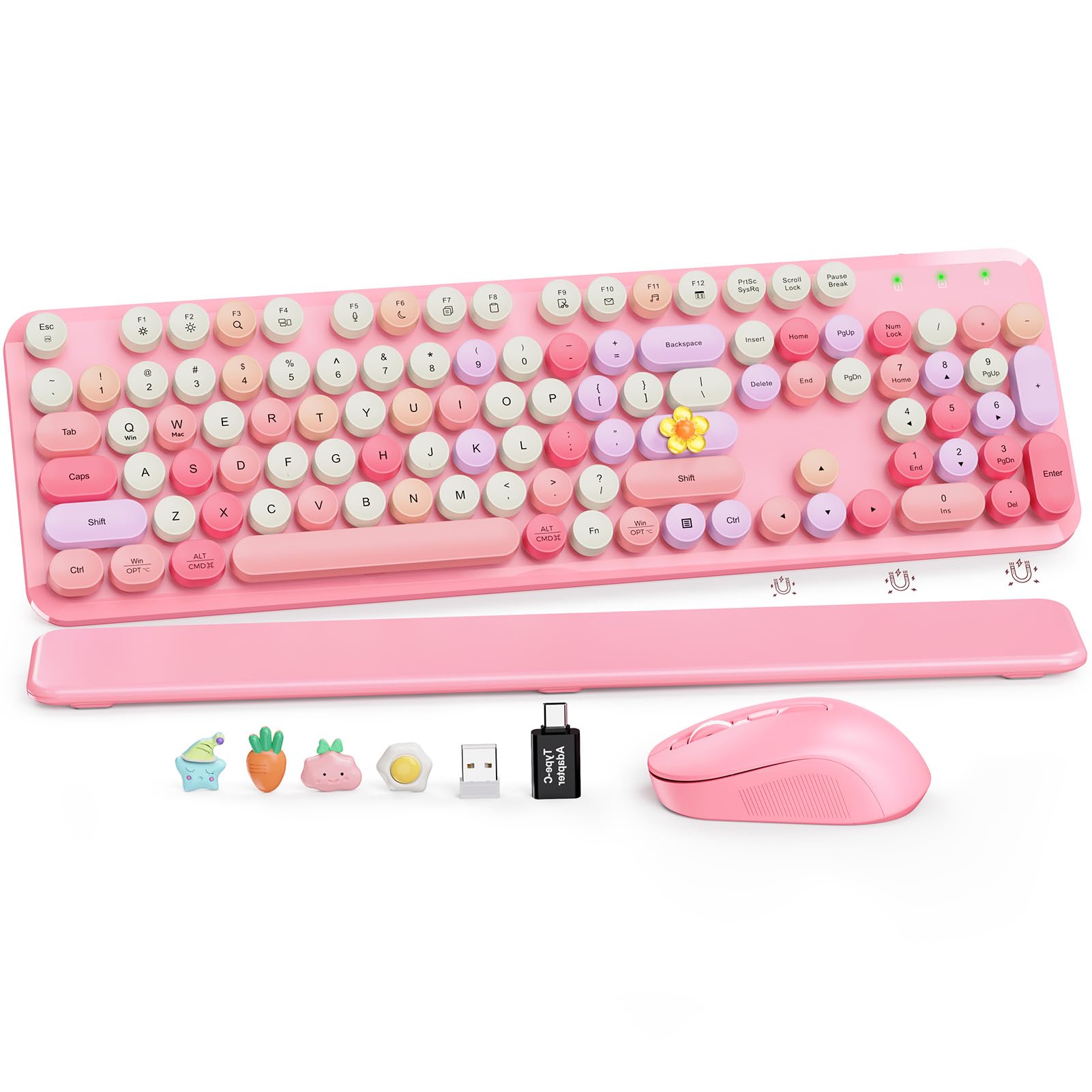 Wireless Keyboard and Mouse Combo, Round Keycaps, Magnetic Wrist Rest, Pink