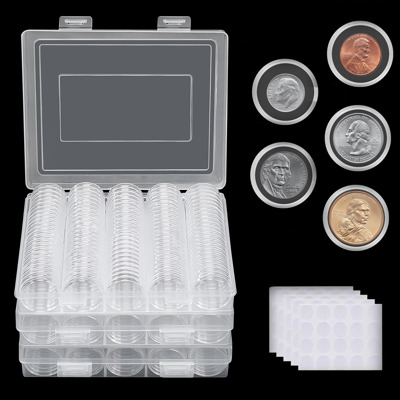360 szt. 30 mm etui na monety dla kolekcjonerów, przezroczyste plastikowe etui do przechowywania z uszczelką piankową, 5 rozmiarów (17/20/25/27/30 mm) etui na monety do kolekcji monet