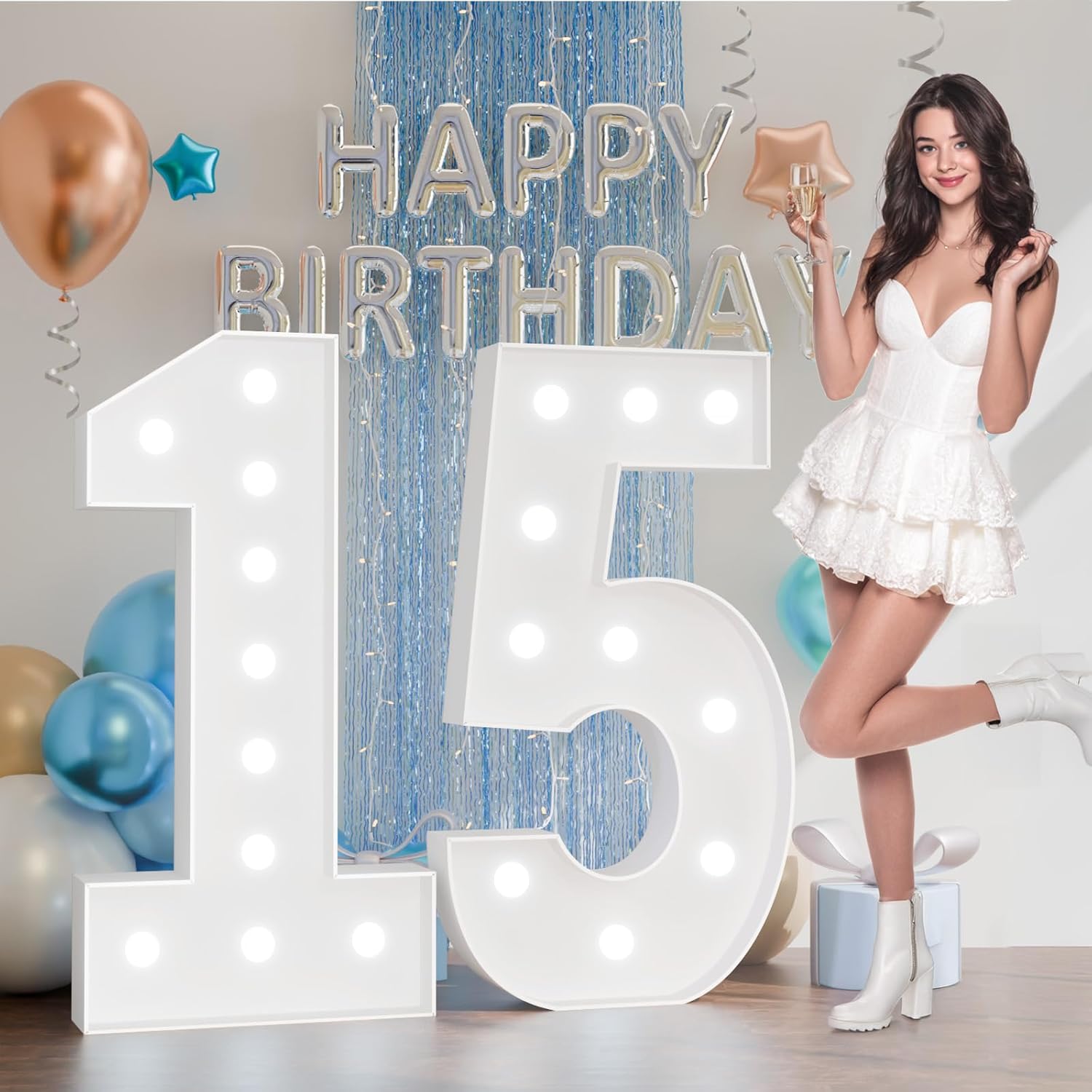 15 Marquee Numbers 4 Feet Tall: Large 15 Light Up Numbers for Party Cardboard Sign Foam Board Party Backdrop Quinceanera Decorations White_Number 15
