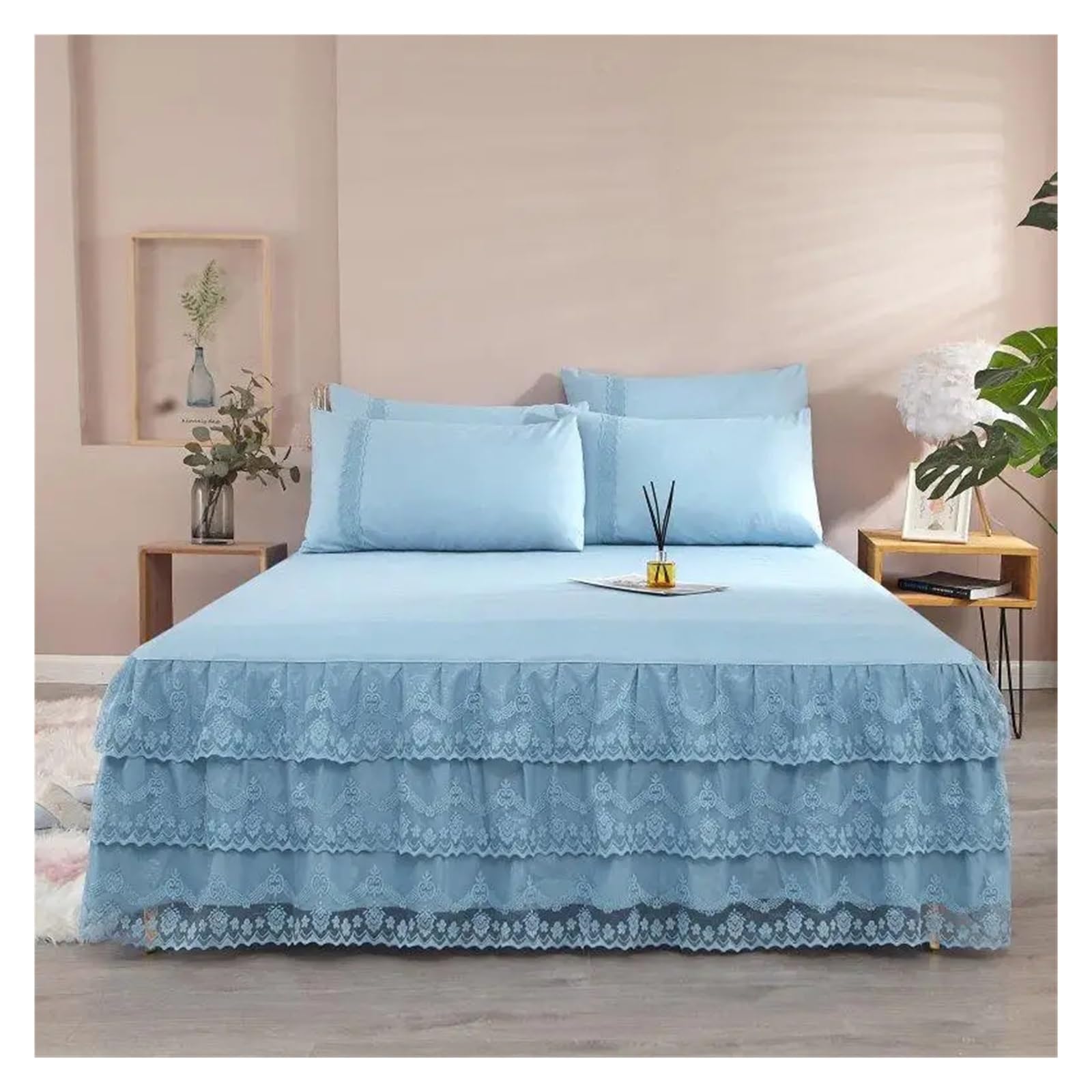 Bed Skirt Pillowcase Bed Set Ruffle Three Layers Lace Bedspreads Sheet Soft Fitted Sheet Cover(1,2pcs pillowcase)