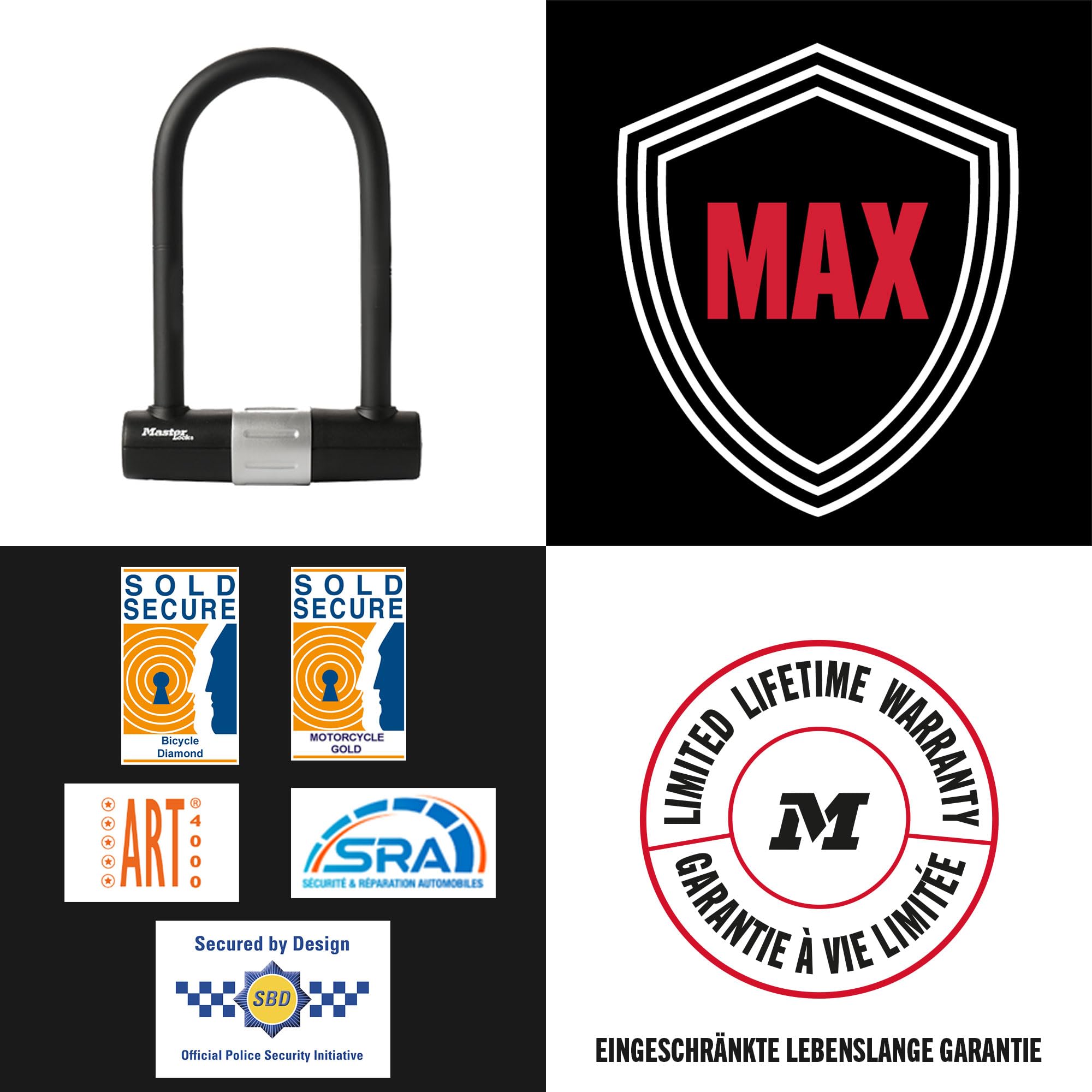 Master Lock 8377EURDPRO Antivol U moto homologué SRA assurance, support de montage universel à clé, antivol pour vélo certifié - Art4, Sold Secure Diamond, SRA assurance