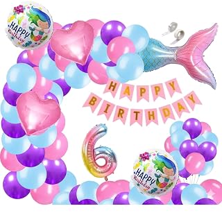 FI - FLICK IN 60 pcs 6th Birthday Decoration for Girls Tail Foil Balloon Garland Rainbow Number Foil Theme Birthday Decorations Aqua Theme Birthday Decorations (Pack of 60, Multi)