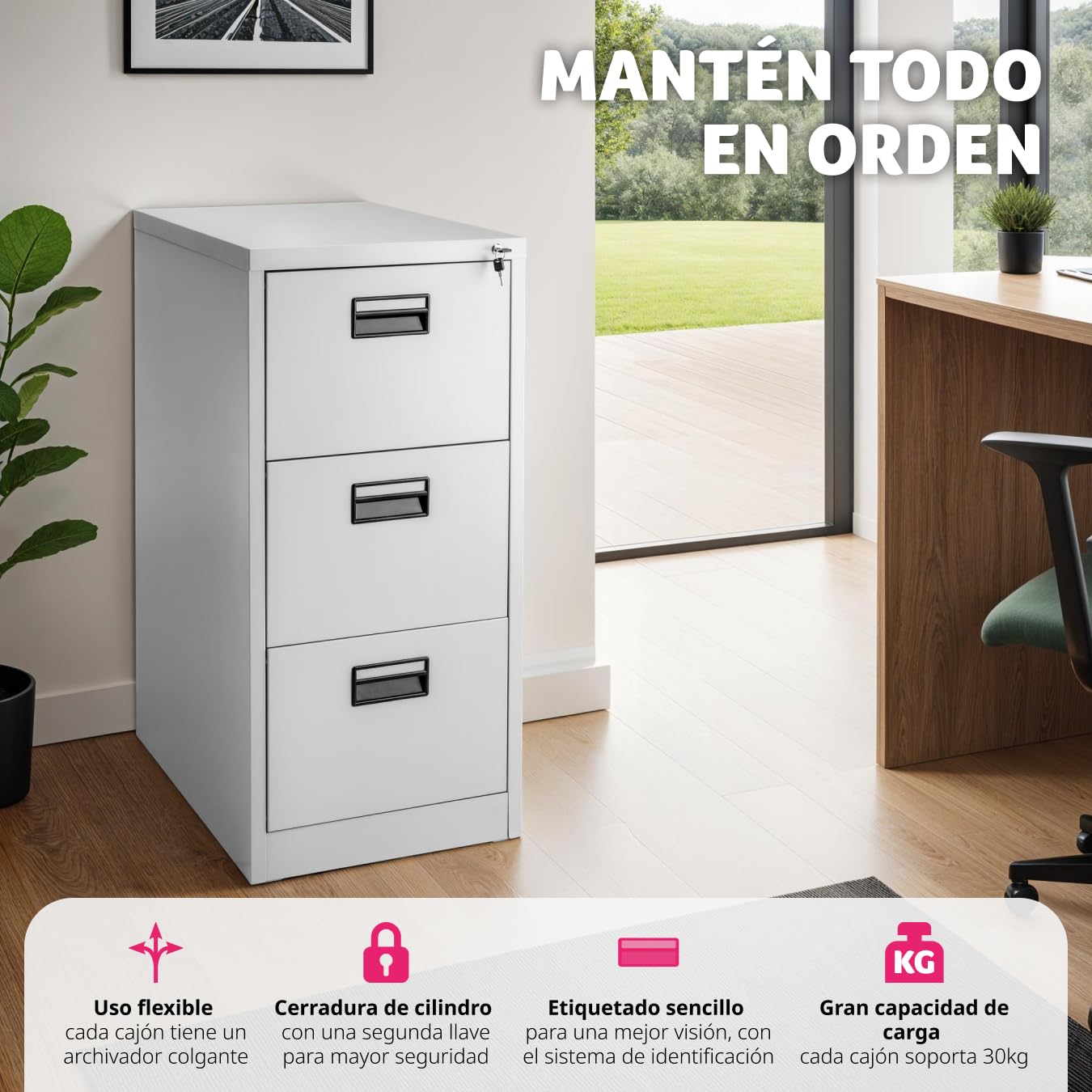 TecTake io Archivador Metálico, 3 Cajonera Oficina, DIN A4, Bloqueable, Incluye