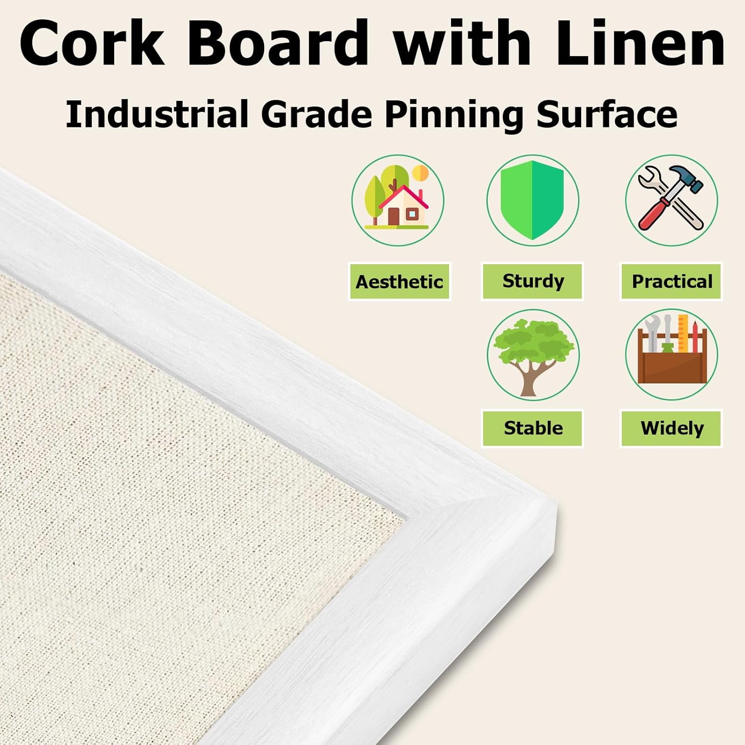 20x30 inch Large Linen Bulletin Board, Cork Board for Walls, White European Frame Style, Vision Board, Pin Wood, Ideal for Shool, Home and Office