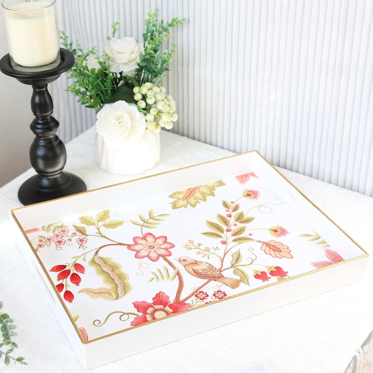 Spsyrine Decorative Serving Tray with Handles, White Lacquered Coffee Table Tray for Ottoman, Rectangle Waterproof Platters for Centerpieces, Parties, Living Room, Kitchen Counter Organization - Image 7