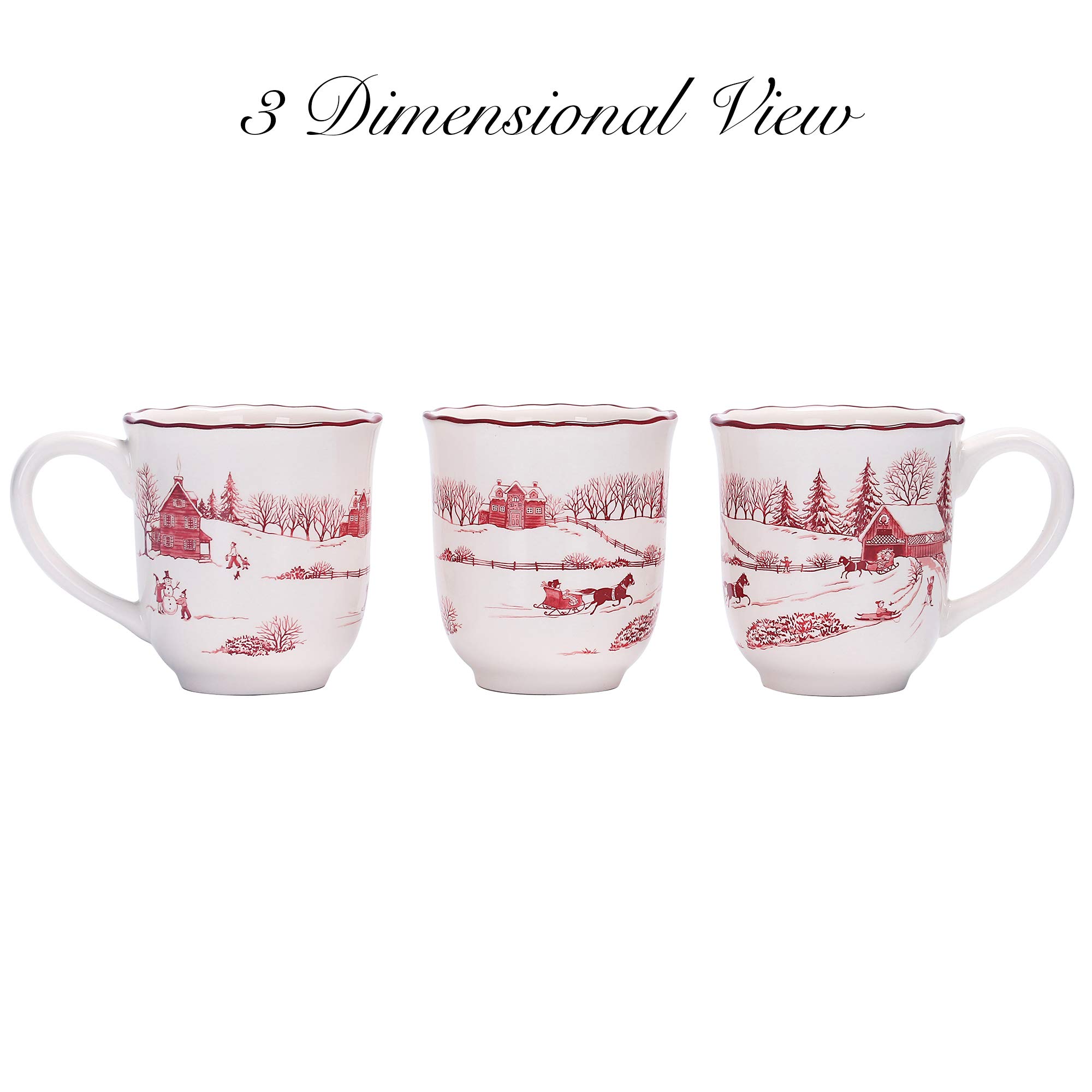 Bico Toile De Jouy Winter Wonderland Ceramic Mugs, 16oz, Set of 4, for Coffee, Tea, Drinks, Microwave & Dishwasher Safe
