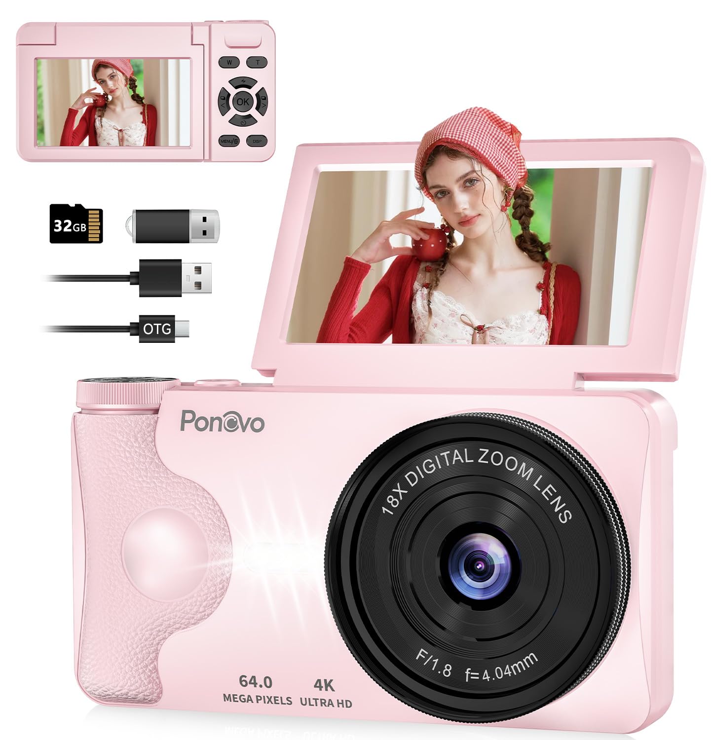 Fotocamera Digitale 4K Videocamera con Schermo 3" Rotante 180° per Vlog, Ponovo Macchina Fotografica Compatta 64MP Autofocus con Zoom Digitale 18X, 2000mAh Fotocamera Portatile 32GB per Studenti Festa