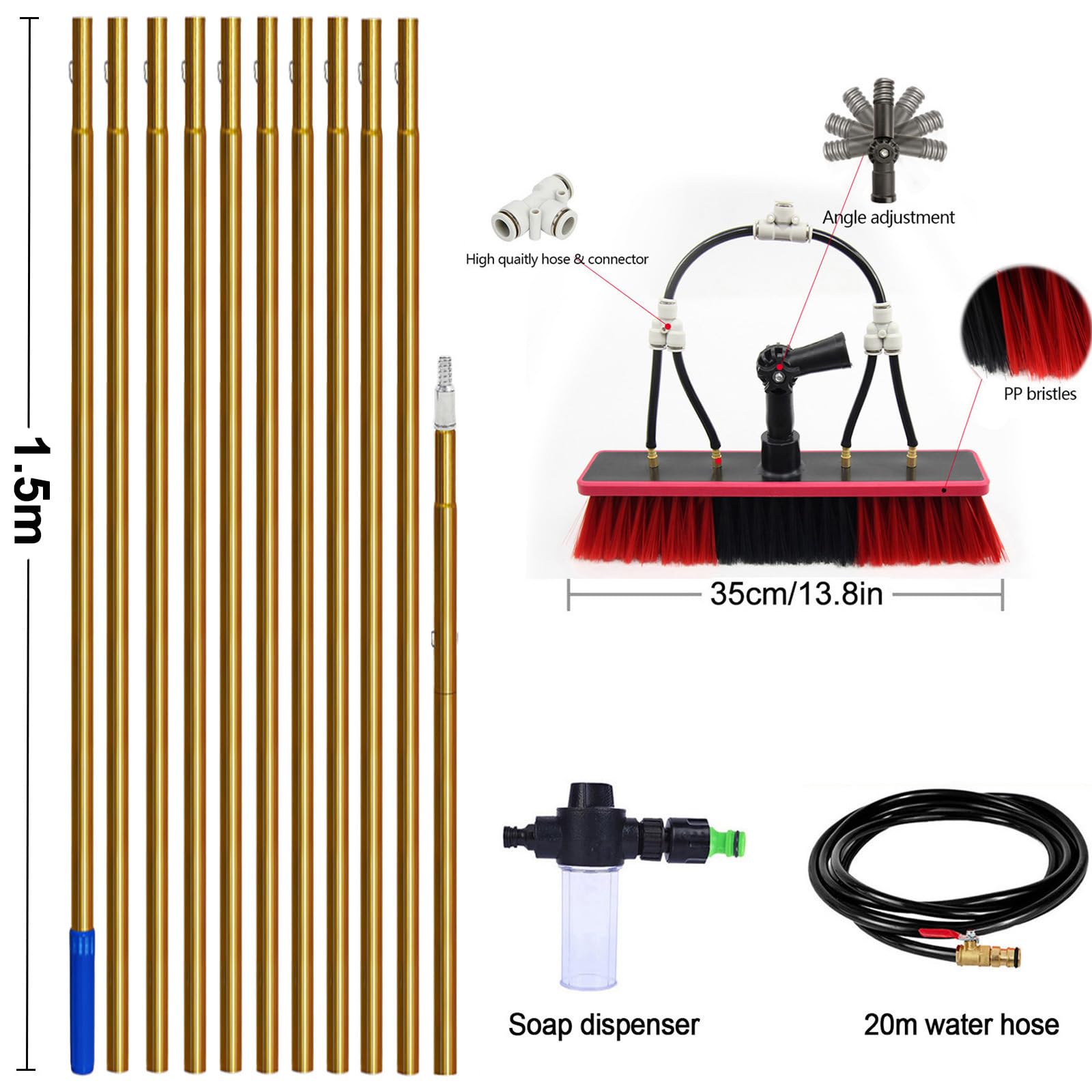 Fensterputzset mit 15-Meter-Stange, wasserführender Bürste, Seifenspender und 20-Meter-Schlauch, wasserführender Aluminium-Fensterputzstange, Reiniger für Solarpaneele, 35-cm-Bürste