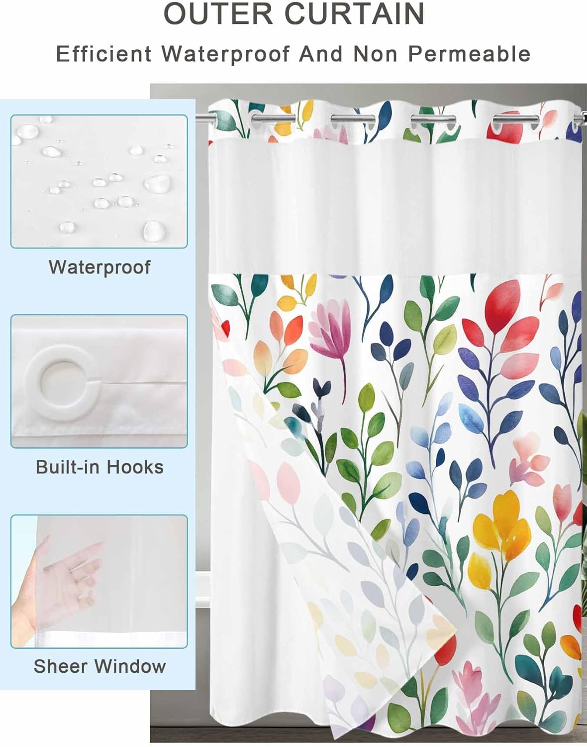 Teamery No Hook Shower Curtain with Snap in Liner, Easter Spring Watercolor Colorful Leaves Curtain Set See-Through Top Double Layers Fabric Shower Curtains Abstract Art for Bathroom Decor, 60x72in
