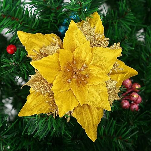 Namyuk 6 flores de Pascua artificiales con purpurina de 7 pulgadas, flores de Pascua artificiales con clips para adornos de árbol de Navidad,