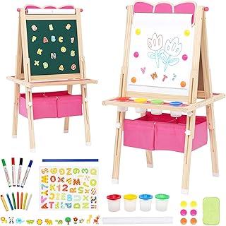 Art Easel for Kids Wooden Kids Easel Double Sided Adjustable Standing Whiteboard and Blackboard with Storage, Painting Art Gifts for Girls and Boys