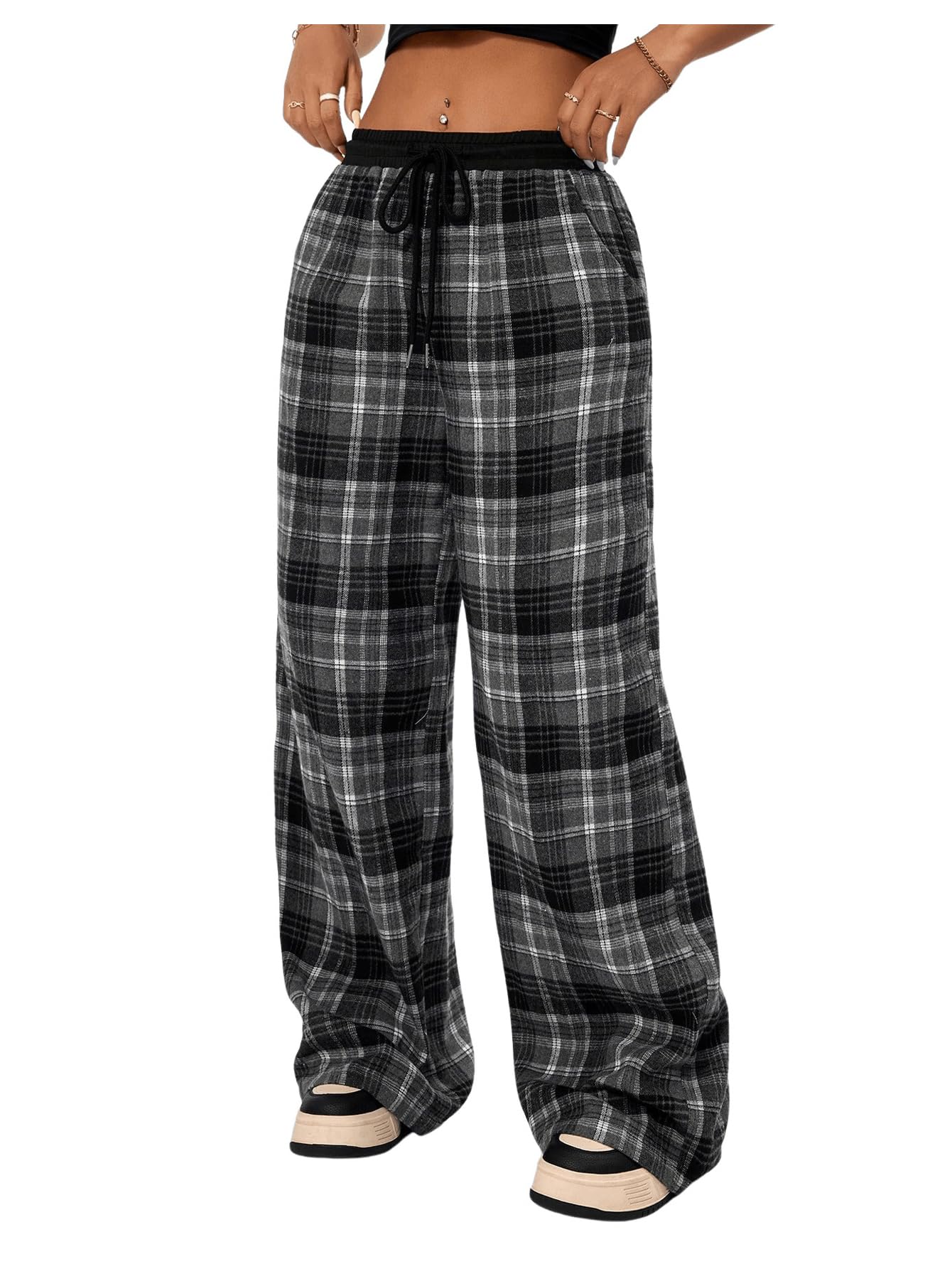 Floerns Womens Drawstring Waist Pants Plaid Print Wide Leg Athletic Running Pants