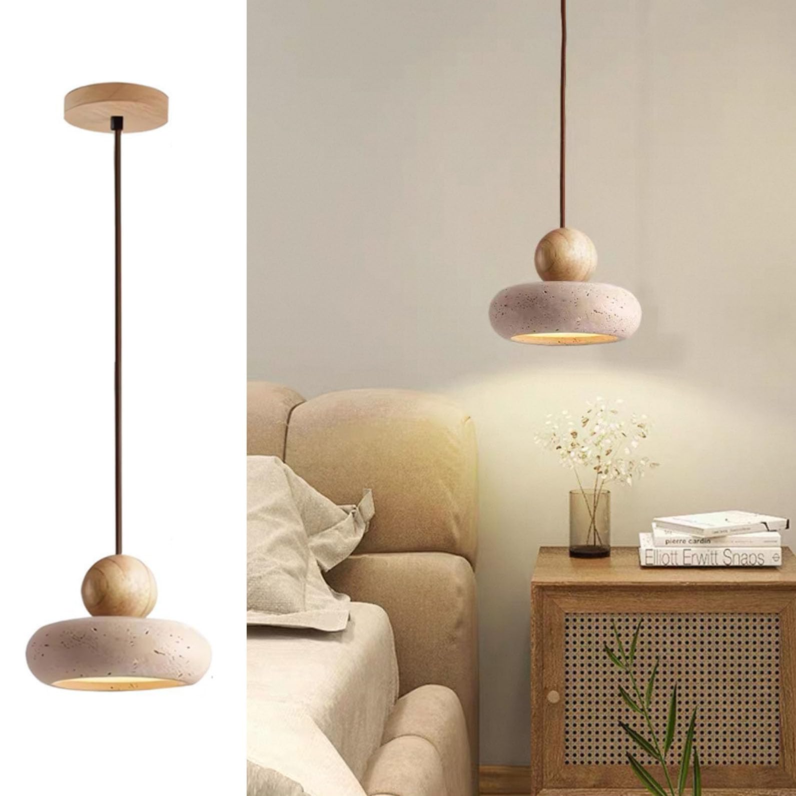Nordic Natural Stone Pendant Lights for Kitchen Island, Japanese Small Modern LED Dimmable Hanging Ceiling Lights Wood Industrial Chandelier for Dining Room Table Bedroom Bedside Hallway (B-natural)