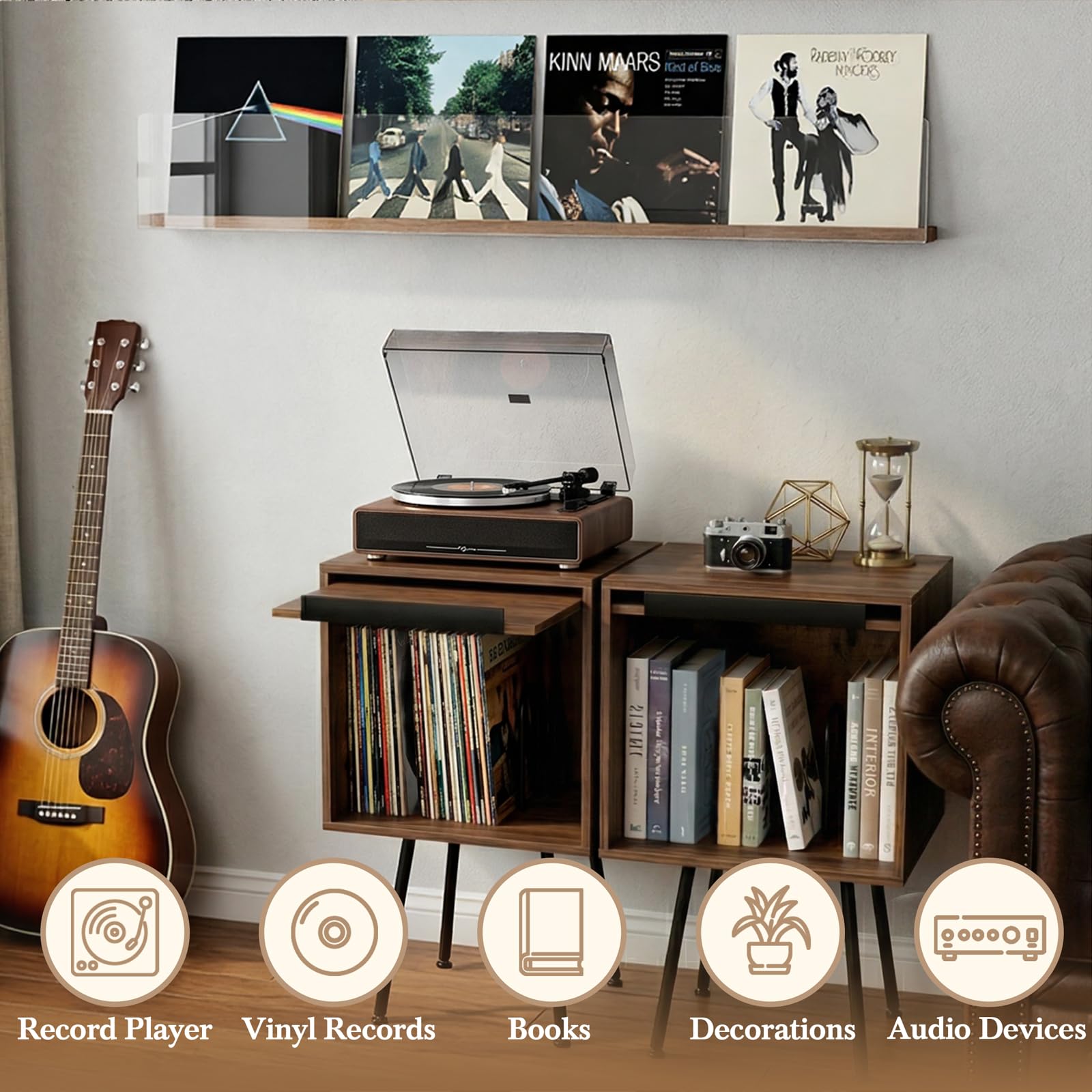 Faesun Supporto per giradischi con coperchio ribaltabile, può contenere fino a 100 album, supporto per giradischi con display per dischi in vinile, per soggiorno, camera da letto, noce