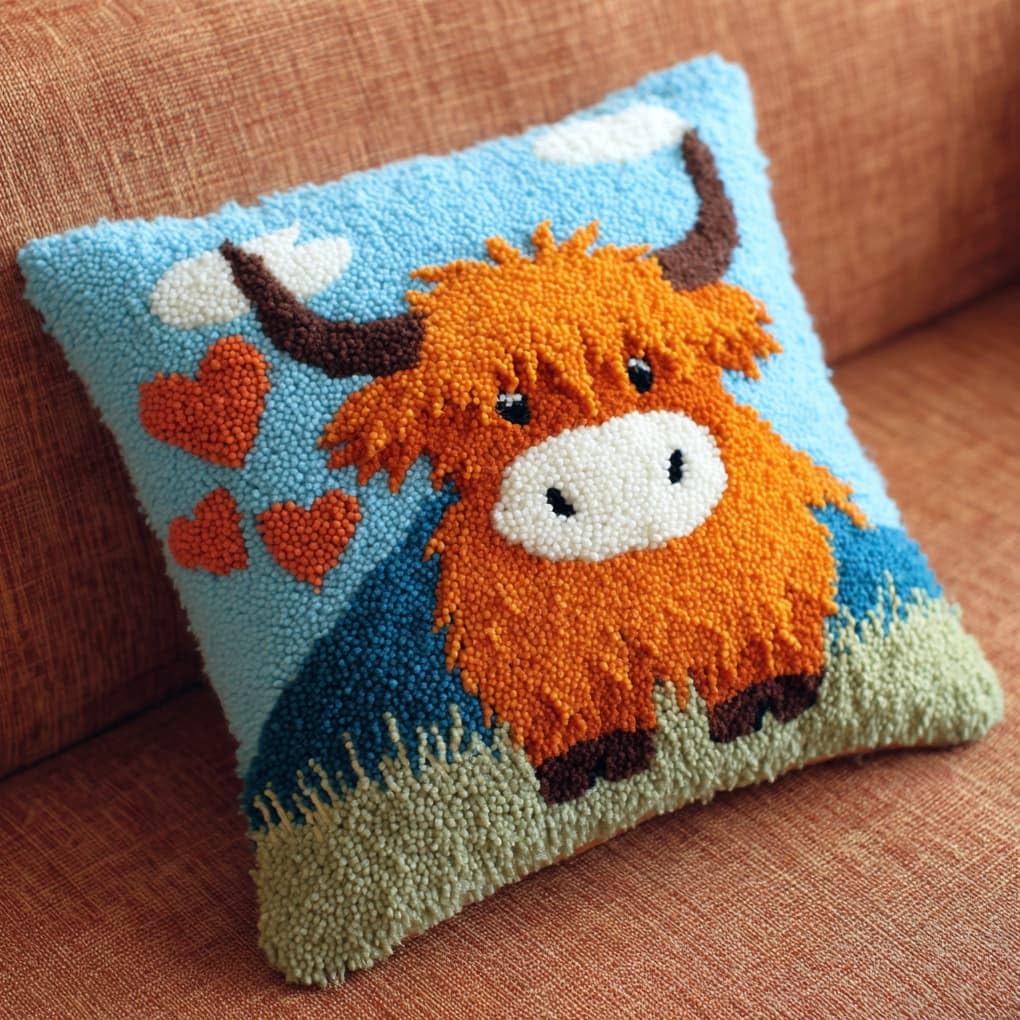 WallustrioaW Latch Hook Pillow Kits Pillow Cover,Love and Highland Cattle