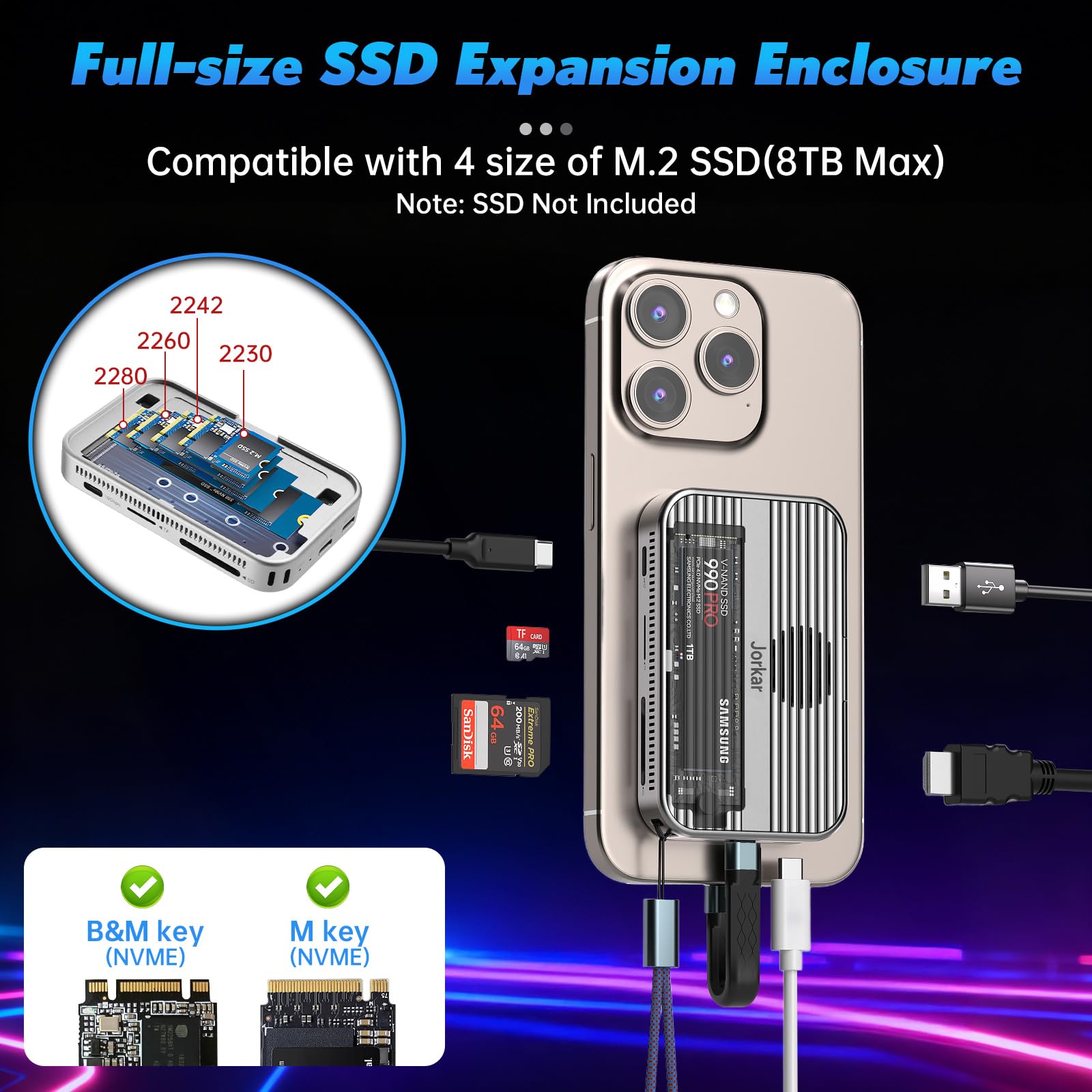 Jorkar Magnetic Docking Station 10gbps, USB C 3.2 Hub mit NVMe M.2 SSD-Gehäuse für iPhone 17/16/15 Pro/Pro Max/Plus mit Kühlventilator, unterstützt SSD 2230/2242/2260/2280 B M M-Key