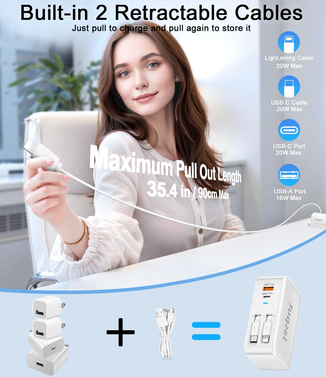 Condition photo showing New/Like New for 4 in 1 retractable wall charger with dual cables,40w retractable phone charger wall plug with dual usb ports,20w usb c chargers block fast charging for iphone 17 16 15 14 13,lg, galaxy s24 23,pixel
