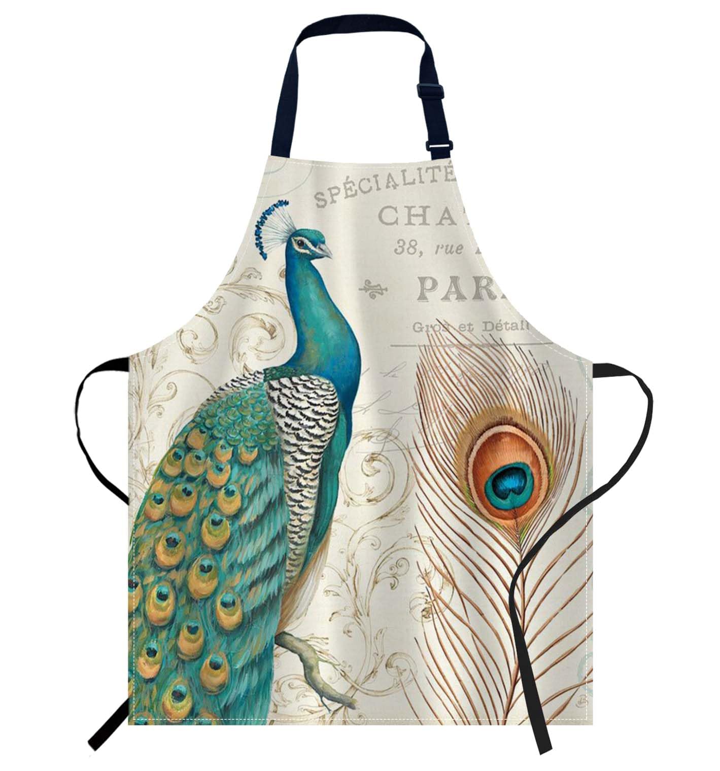 oFloral Peacock with Feather and letter Apron Unisex Adjustable Bib Apron Cooking Kitchen Chef Women Men Aprons for Home Kitchen, Restaurant,Coffee
