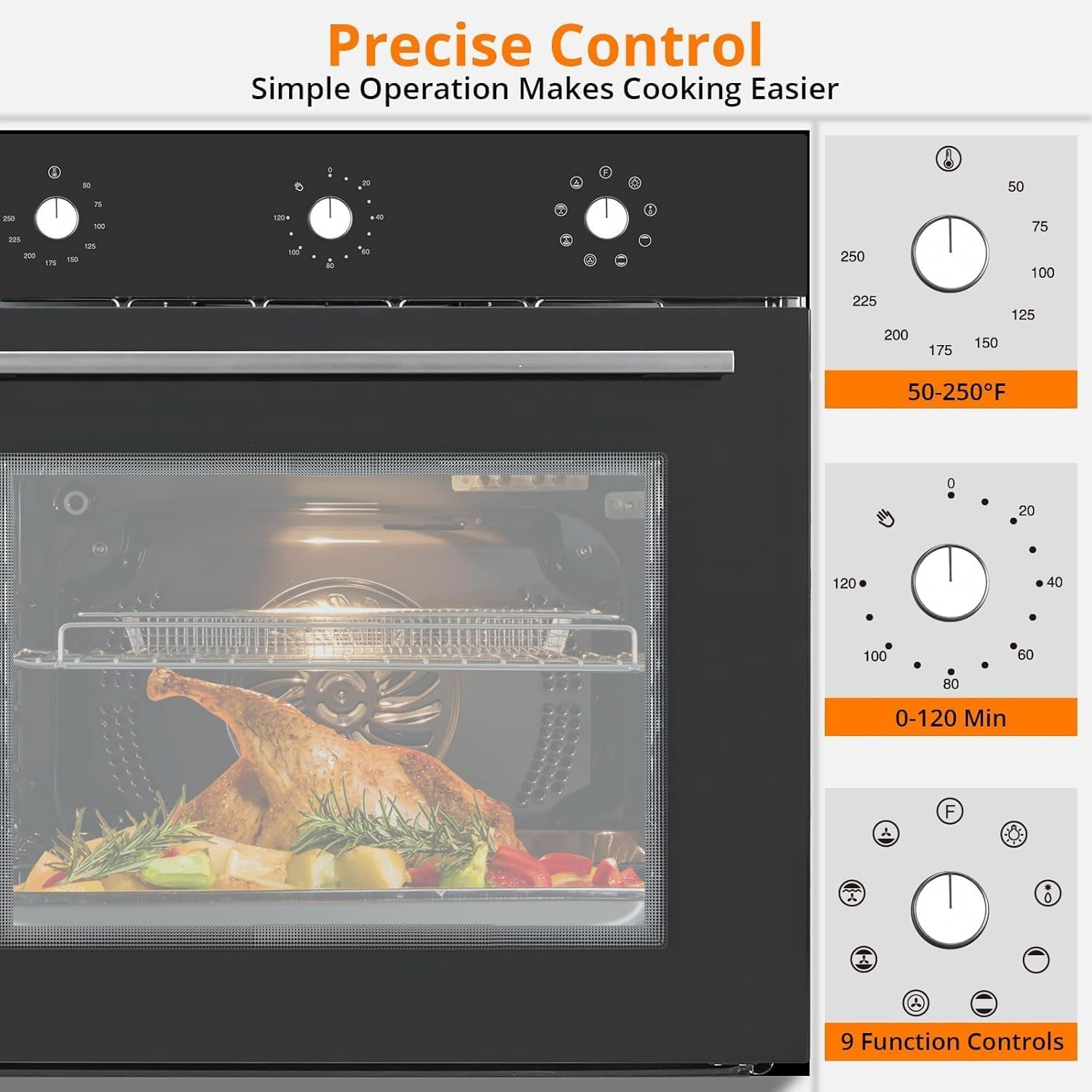 24 Inch Built-In Electric Single Wall Oven - 3D Convection, 8 Cooking Functions, 2.5 Cu.Ft Capacity, Stainless Steel, Mechanical Knob Controls, Safety Lock,fot Quick Cleaning, 3000W (Black)