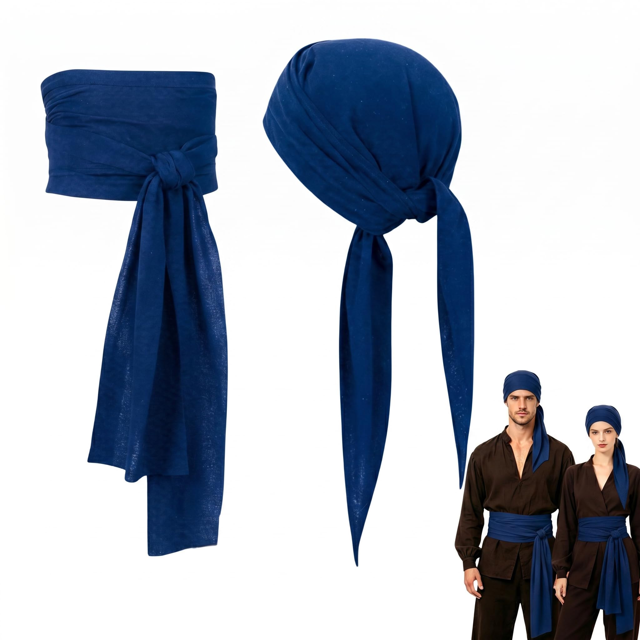 2Pcs Pirate Costume Accessories, Navy Blue Pirate Bandana Adjustable Sash Belt Set, Soft Breathable Fabric, One Size Fits Most for Adult Women Men, Halloween Party, Medieval Renaissance Pirate Cosplay