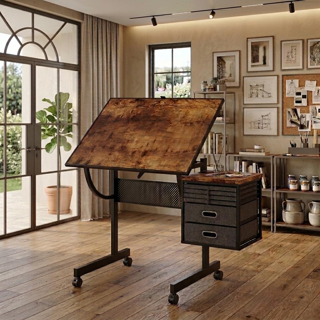 2 in 1 Puzzle Table Double-Sided with Felt Storage Trays, Adjustable Drafting Desk with Drawers, Art Table with 75° Tilted Tabletop, Diamond Painting Work Station for Home Office, Crafting, Brown