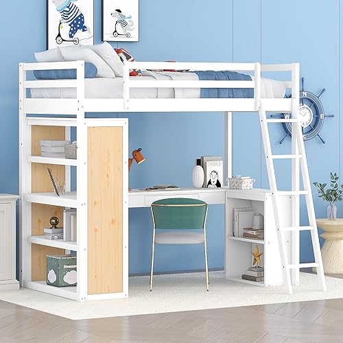 Miniatura 4 de Hlcodca Modern Twin Size Loft Bed with Under-Bed Desk and Storage ShelvesWooden Loft Bed with Ladders and Guardrailsfor Kids Boys Girls Teens Adults