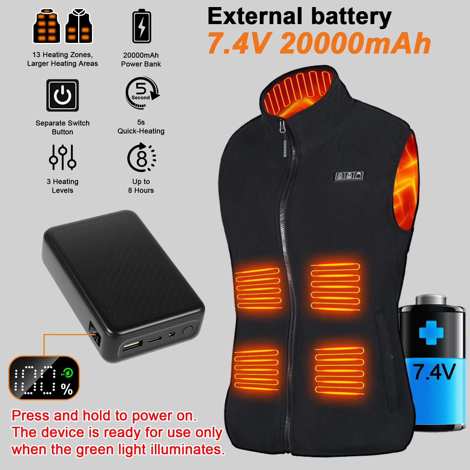 GuKKK Chaleco Calefactable, 20000mAh Chaleco con Calefacción Eléctrica USB para Mujeres Hombres, Carga Chaqueta Calefactora 13 Zonas de Calentamiento, Chaleco Térmico Ajustable con 3 Temperatura