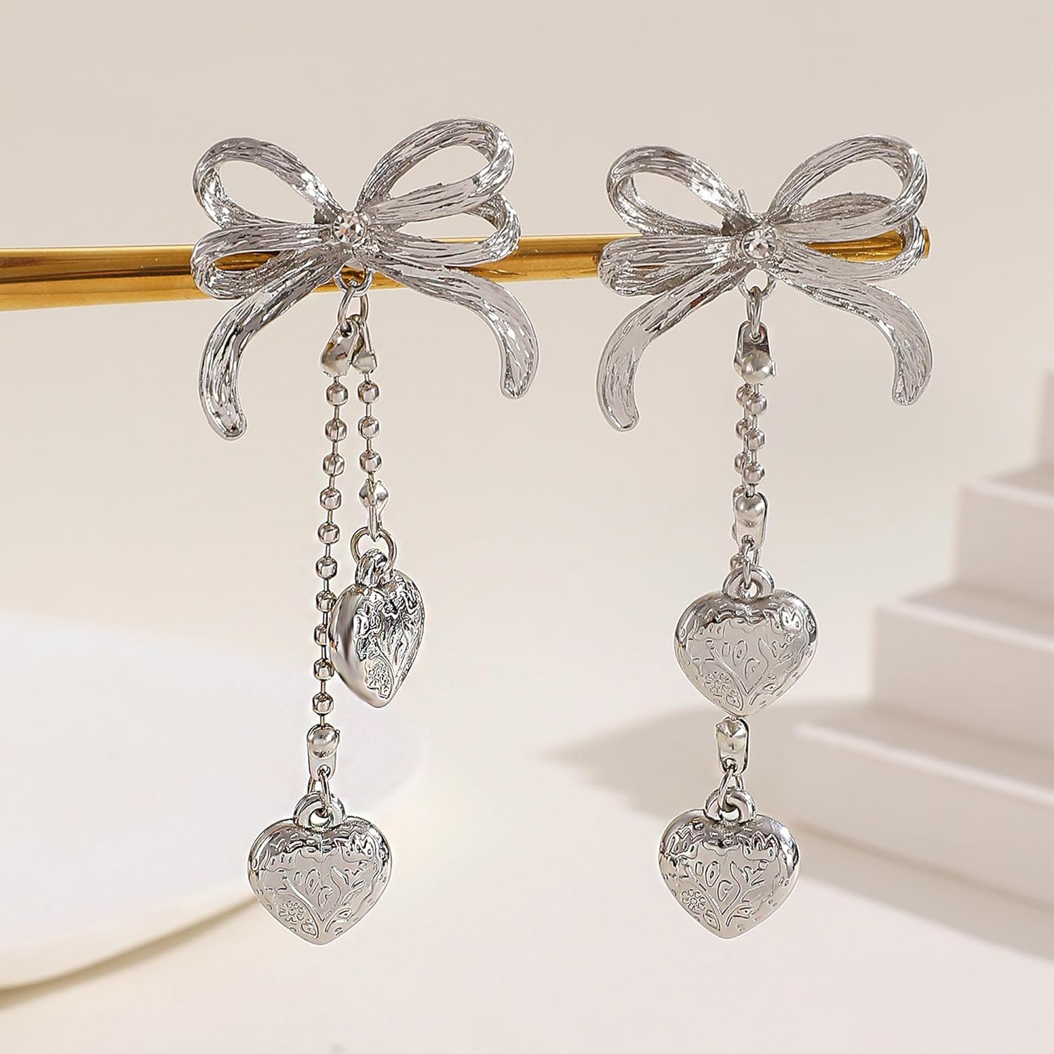 Lovely Ribbon Bow Dangle Earrings for Women Gold Silver Bowknot Heart Fringe Drop Earrings Dainty Lightweight Christmas Jewelry - Image 2