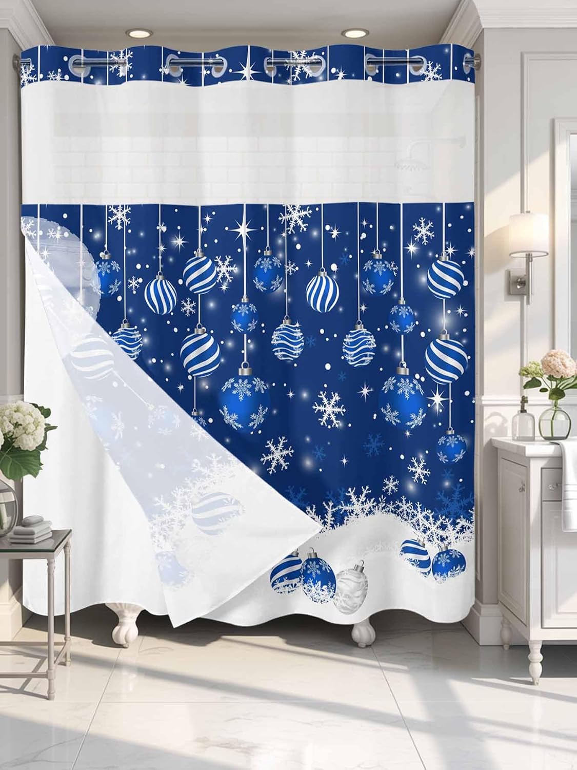 No Hook Shower Curtain with Snap in Liner Set Christmas Tree Shower Curtains for Bathroom Waterproof Fabric Blue Christmas Balls Bath Curtain with See Through Mesh Top Window for Hotel Spa 72x72 Inch