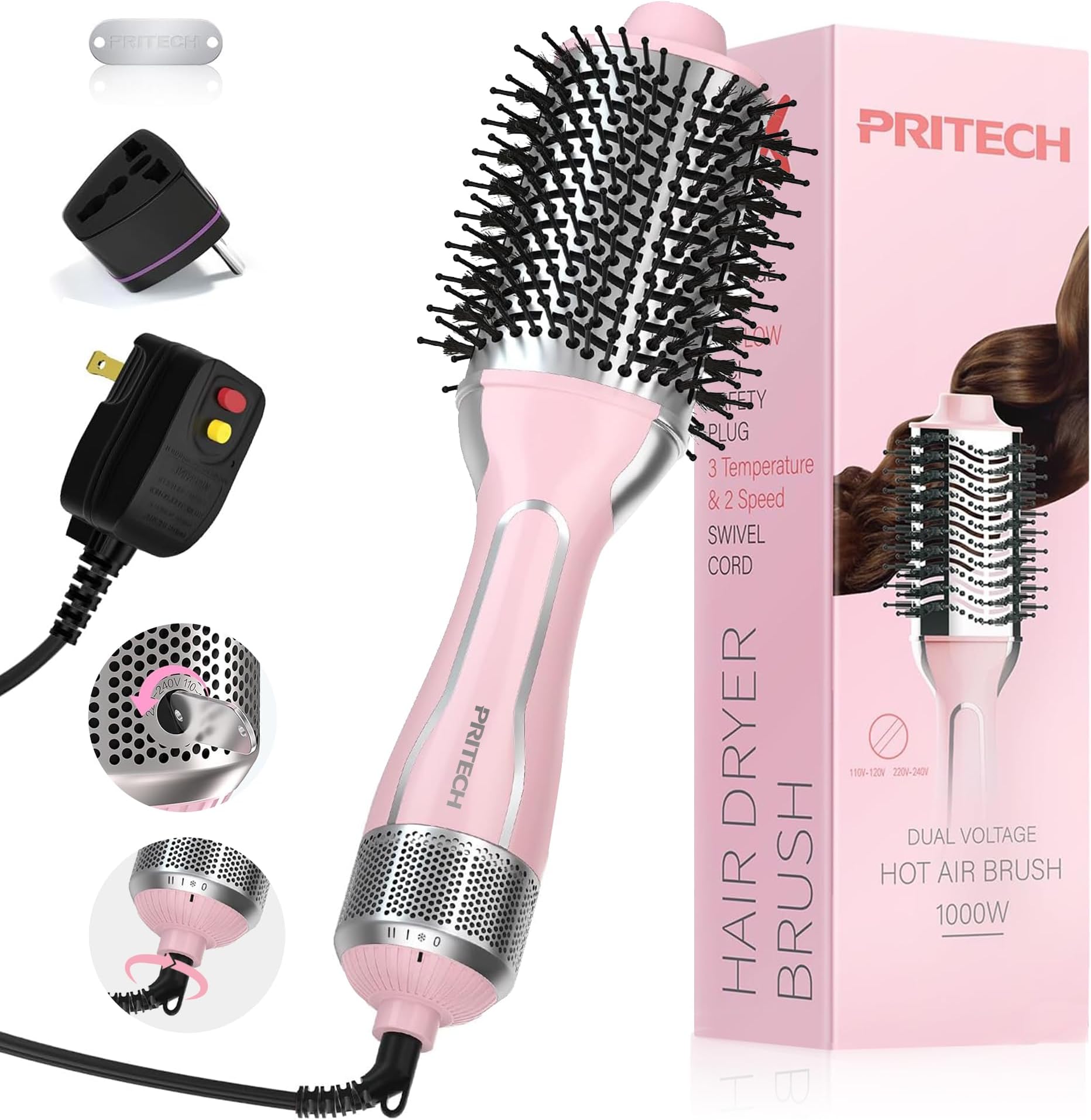PRITECH 1000W Dual Voltage Ceramic Ionic Hair Dryer Brush,4-in-1 Hot Air Styler & One Step Volumizer for Straight & Curly Hair Salon (110-120V/220-240V),Blush Silver