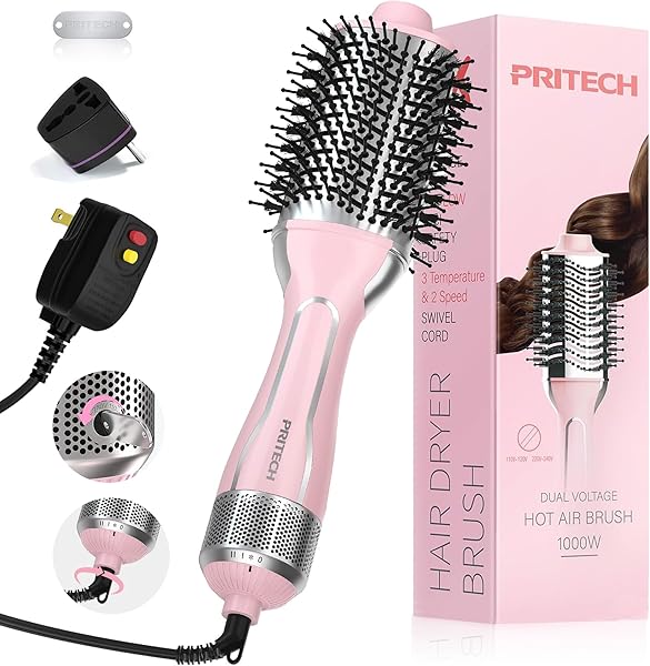 PRITECH 1000W Dual Voltage Ceramic Ionic Hair Dryer Brush,4-in-1 Hot Air Styler & One Step Volumizer for Straight & Curly Hair Salon (110-120V/220-240V),Blush Silver