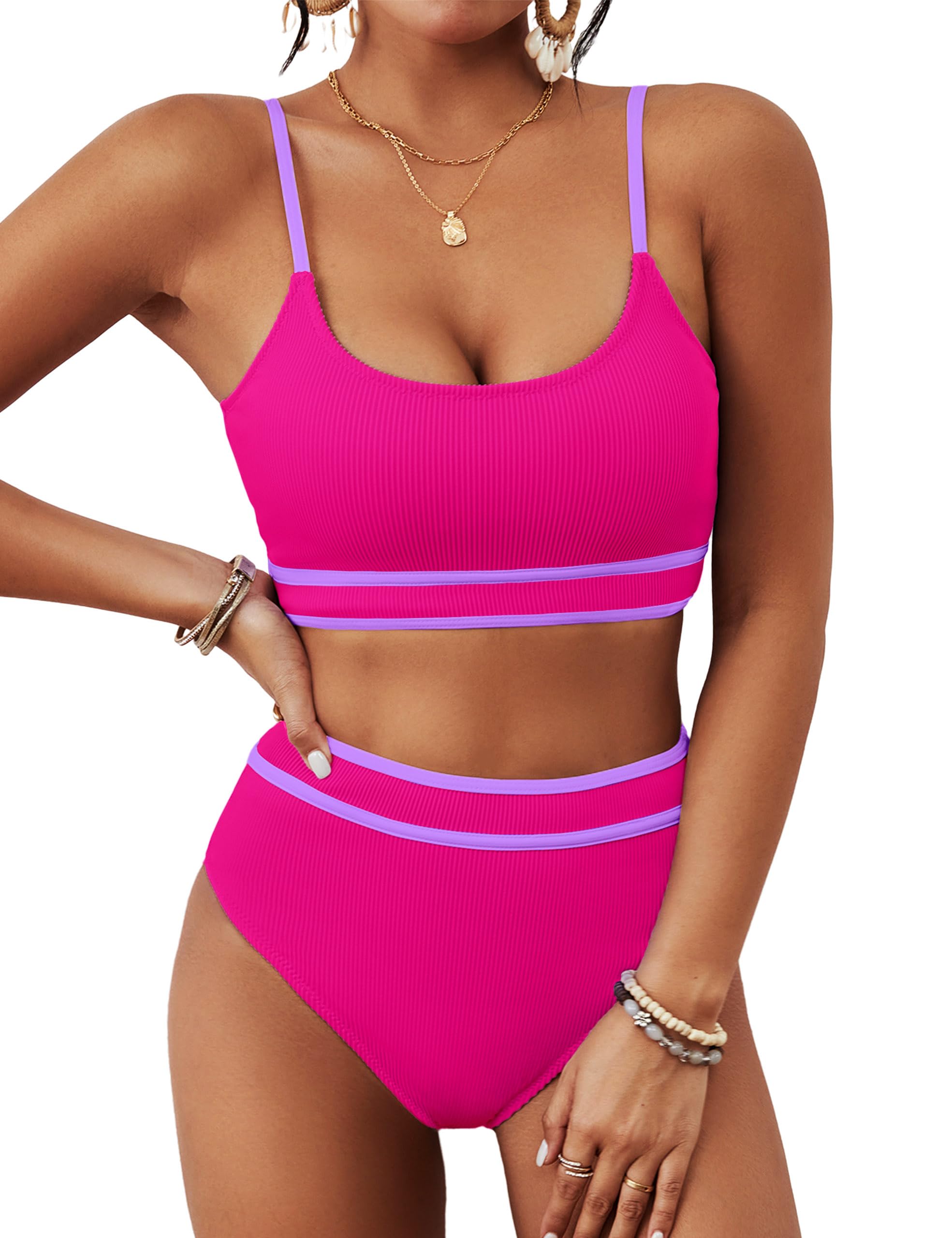 BMJL Women's High Waisted Bikini Ribbed Two Piece Swimsuit High Cut Color Block Adjustable Straps Bathing Suit
