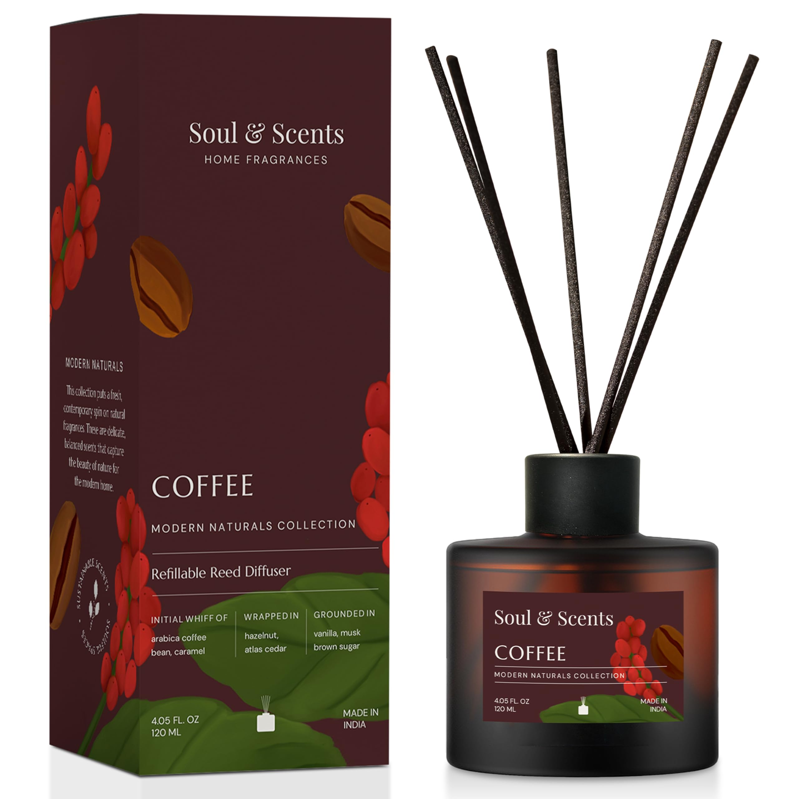 - 120ml Premium Coffee Reed Diffuser Set | Free 6 Fiber Reed Sticks | Toxin Free & Stress Relief | Long Lasting | Smoke Less Room Freshener for Home, Bedroom & Office | Ideal for Gifting