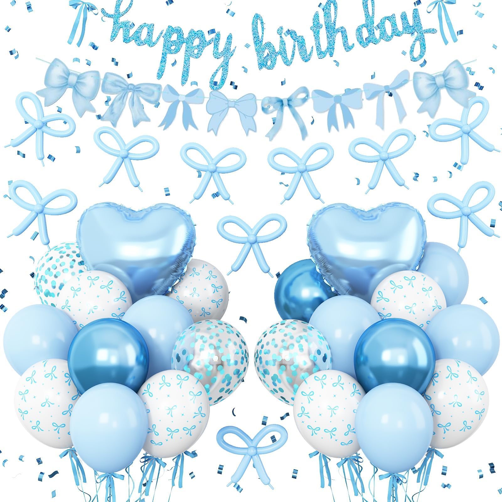 Blue Bow Themed Birthday Banner - Neutral Preppy Coquette Decor With Gingham Pattern, 15-Piece Set