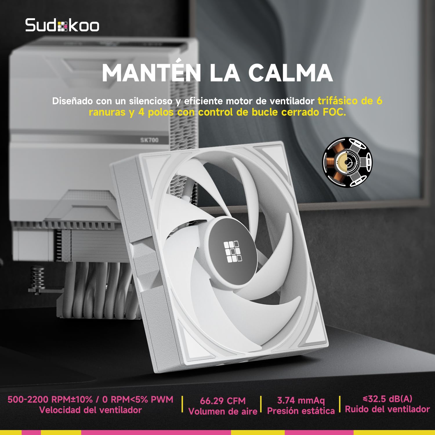 Sudokoo SK700V Blanco Disipador CPU AM5 : CPU Cooler con Pantalla Digital Exclusivo para AM5 - Ventilador CPU 120mm con 7 HeatPipes y Libertad RAM Total, 5 Años de Garantía, Blanco