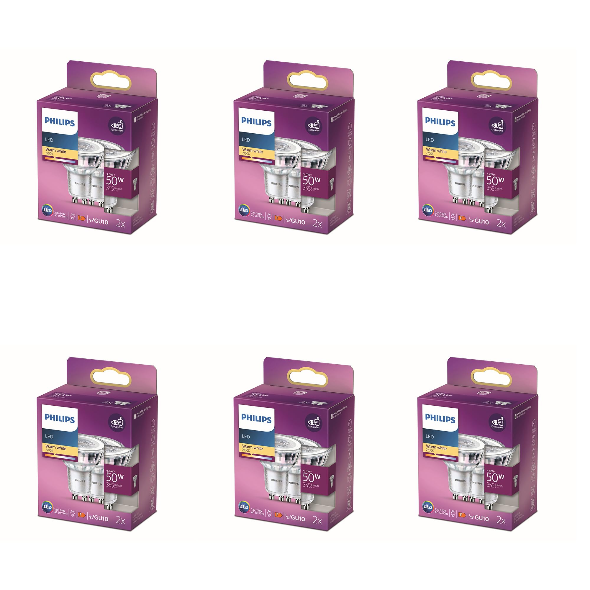 Philips Vorteilspaket - GU10 - LED Spot - 50W - Nicht dimmbar - Warmweißes Licht - Set 12 Stück