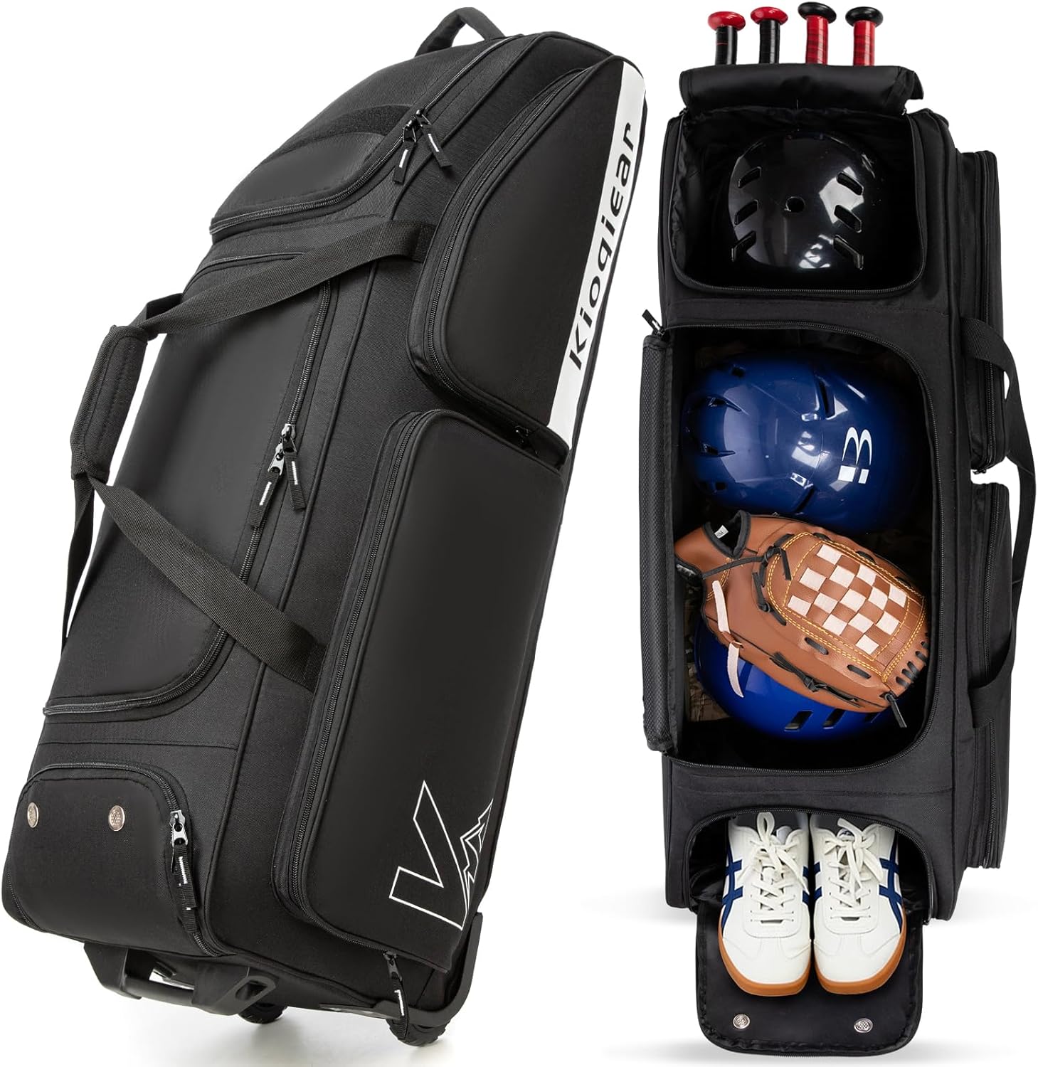 Catchers Gear Bag with Wheels for 4 Bats, Rolling Baseball Softball Bag With Multi-Pockets, Fence Hook, Holds All Baseball Equipment.