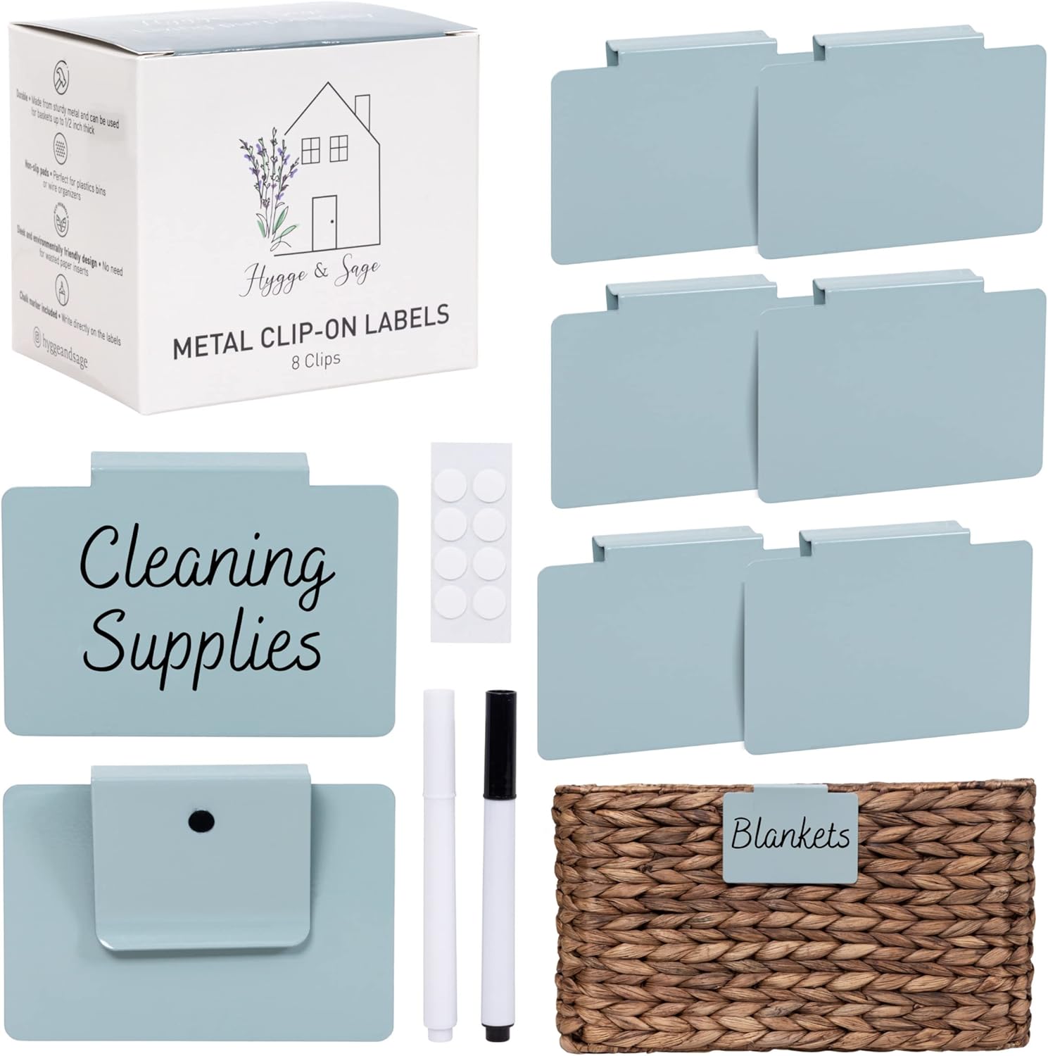 Hygge & Sage: Metal Bin Labels for Home Organization | Non-Slip Basket Clips for Storage Bins, Baskets, or Wire Racks | Includes 8 Labels, 8 Non-Slip Pads, and 2 Free Markers (Blue)