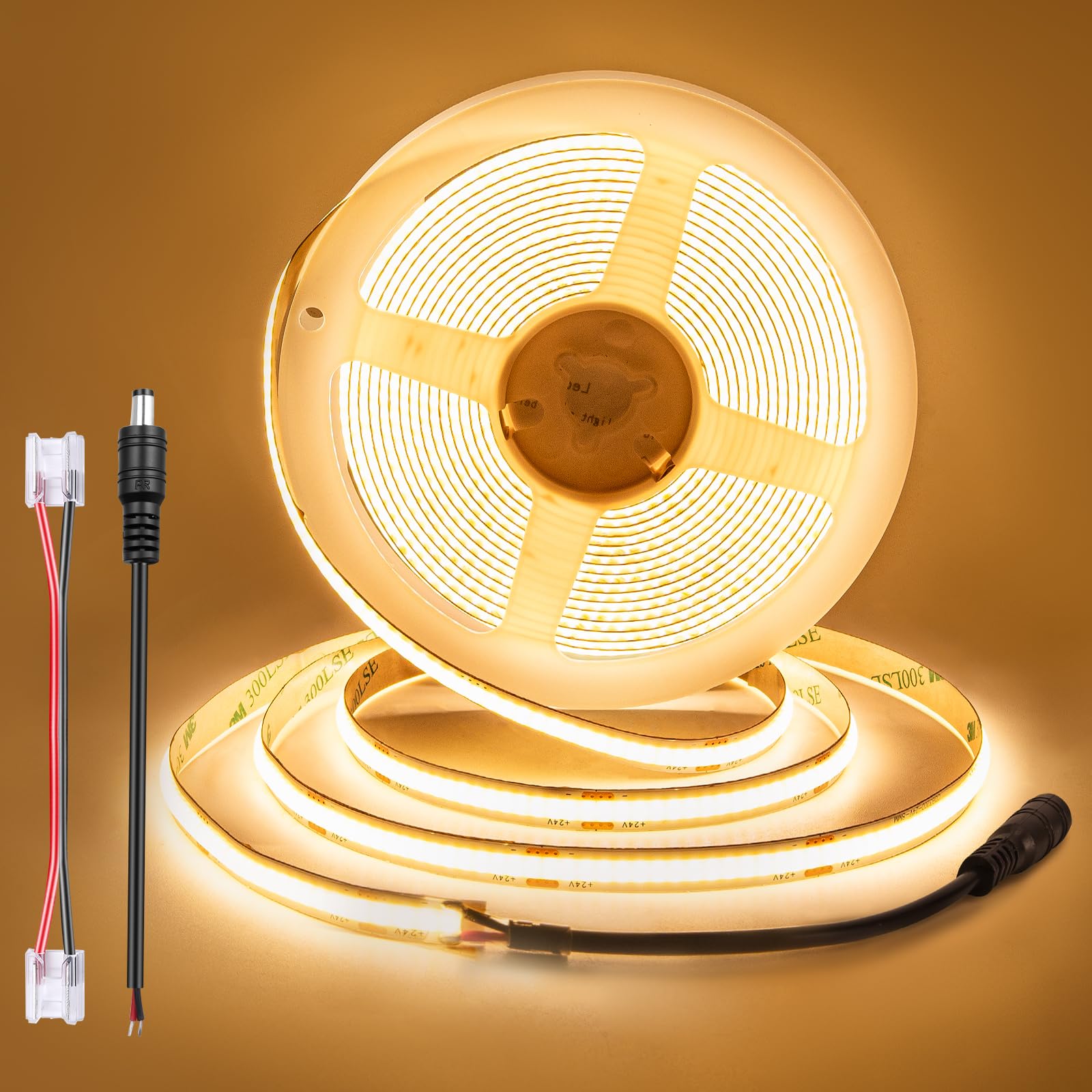 10m COB LED Strip Warm White, 24V, 8mm wide, CRI 92, 9w/m, 90lm/w, 312 LEDs/m, Cuttable, Flexible, Dotless LED Tape Lights for Under Cabinet, Interior Lighting, Backlight (No Power Supply), 3000K
