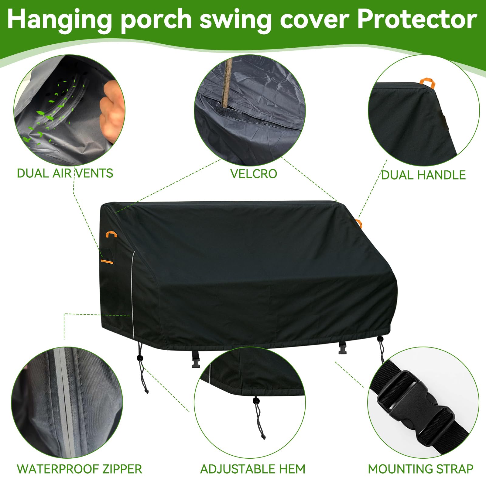 Housse de balancelle de porche, très résistante 600D, imperméable, coupe-vent, anti-UV, protection avec fermeture éclair, noire (155 x 76 x 50-70 cm)