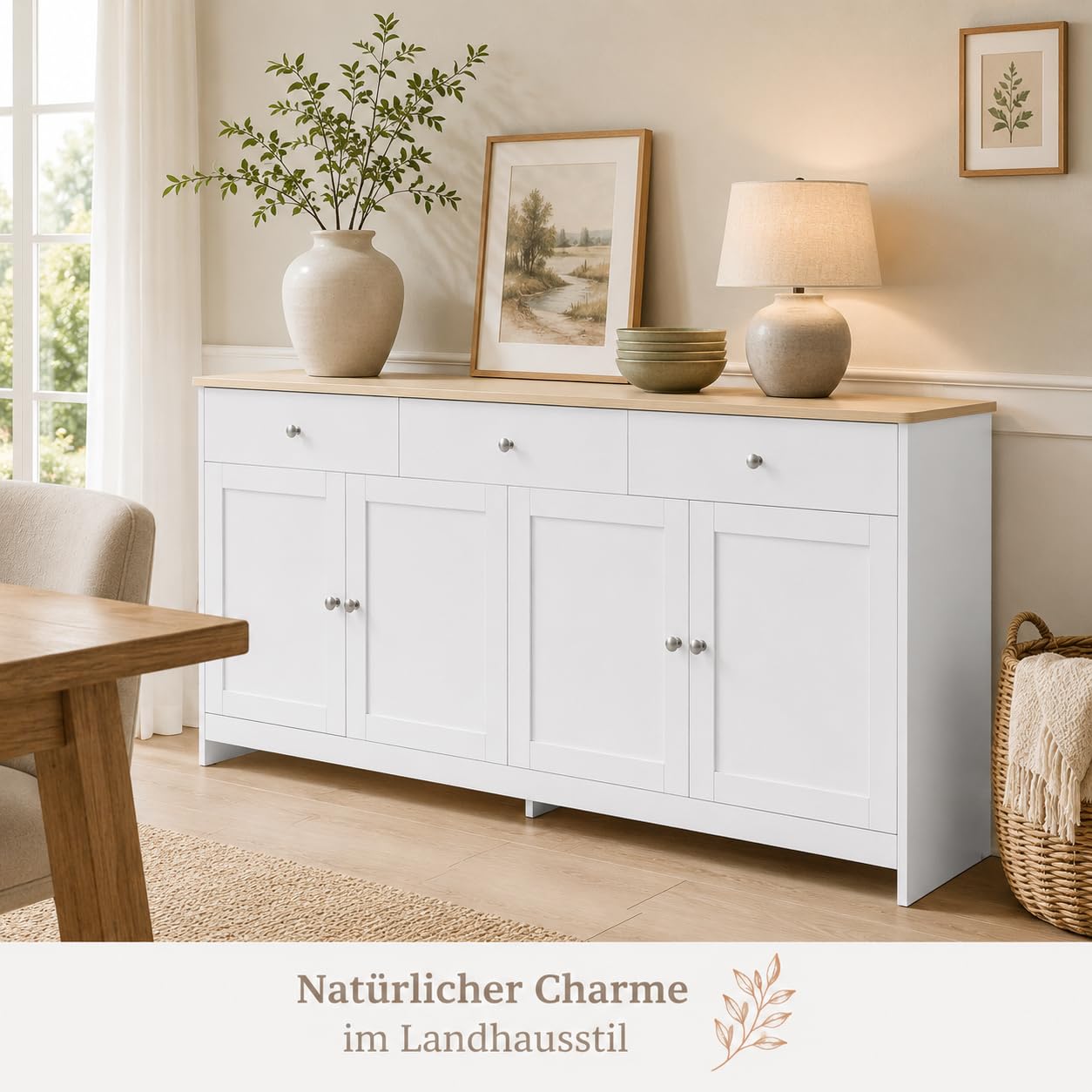 Sideboard Wohnzimmer, Sideboard Weiss Holzmaserung, Küchenschrank Buffetschrank Mit 3 Stauraum Schublade Und 4 Türen, Kommoden Sideboards Für Wohnzimmer Esszimmer Flur