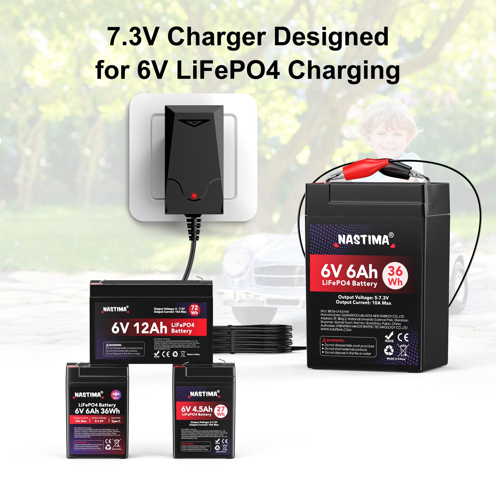 NASTIMA Chargeur 7,3V 1000mA LiFePO4 Pour Batterie LiFePO4 6V 4Ah/4,5Ah/6 Ah /7Ah/12Ah, Protection Contre Les Courts-Circuits, Les Surintensités Et Les Surtensions, Avec Voyant Lumineux De Charge