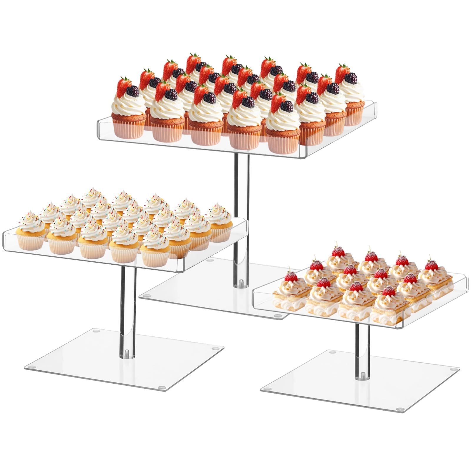 Générique Lot de 3 présentoirs à cupcakes en acrylique, à étages pour desserts, avec patins antidérapants et rebord de protection, plateaux carrés, pince inox pour mariage, baby shower, anniversaire