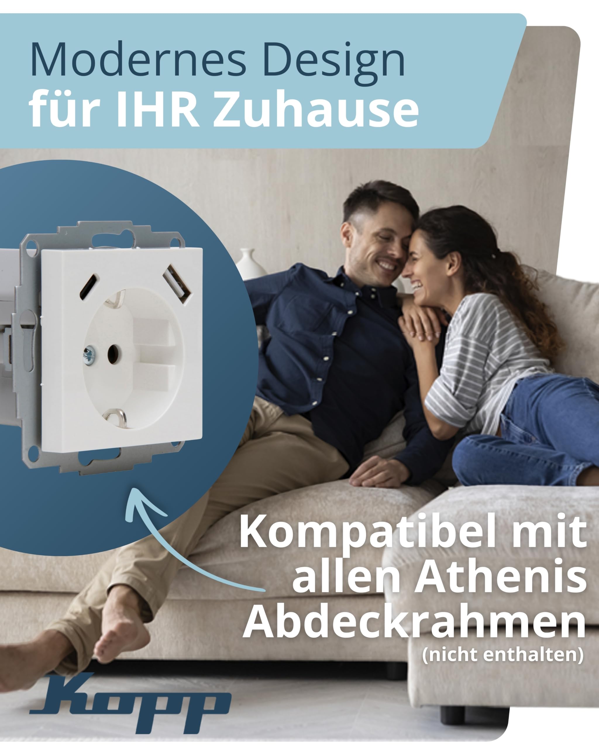 Kopp ATHENIS Unterputz-Steckdose mit USB A & USB C in Reinweiß – Schutzkontakt-Steckdose mit integrierten Ladebuchsen – 16 A / 250 V~ IP20 – Steckklemmen & erhöhter Berührungsschutz