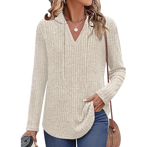 Lylinan Womens Cozy Knit Sweaters Hoodies Ribbed V Neck Pullover Sweatshirts for Fall Outfits S-XXL