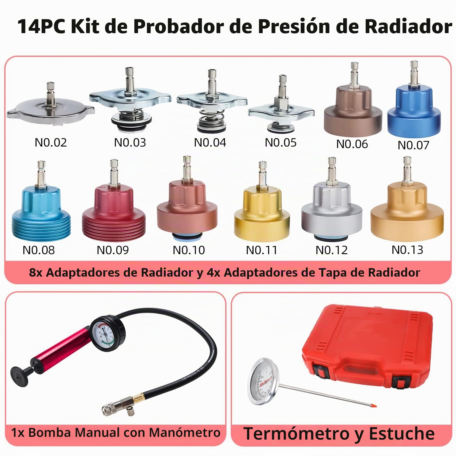 FreeTec 14 pzas Probador Presion Radiador, Universal Probador Presion Circuito Refrigeración, Kit Comprobador de Fugas Liquido Refrigerante, Herramientas Radiador Coche con Bomba Adaptador