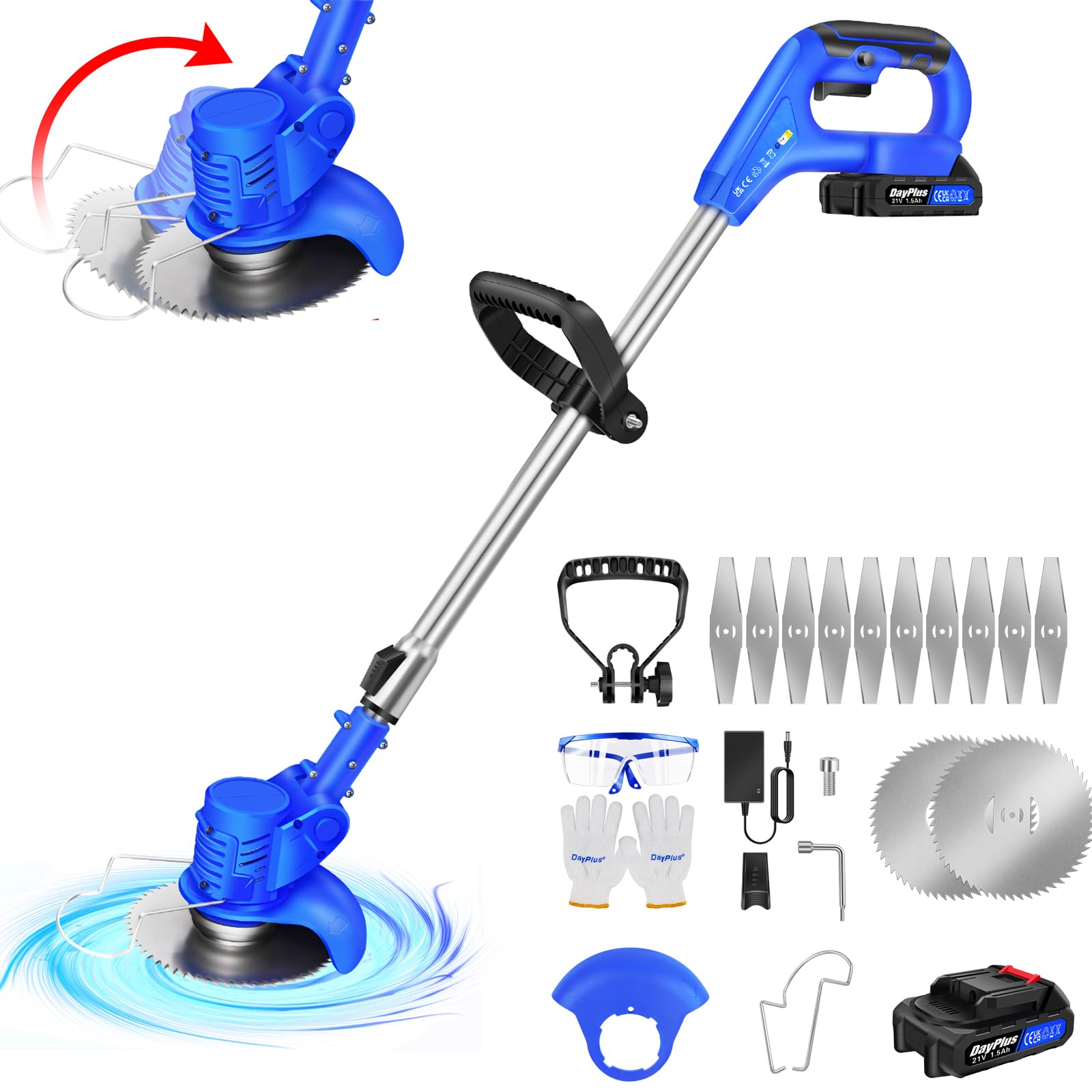 21V Grass Trimmer Cordless Strimmer, Lawn Mower, Pruning Cutter Garden Tools, Telescopic Brush Cutter Lightweight Weed Hedge Trimmer Edge Trimmer for Clearing Weeds Flower Trees (Blue, 1x Battery)